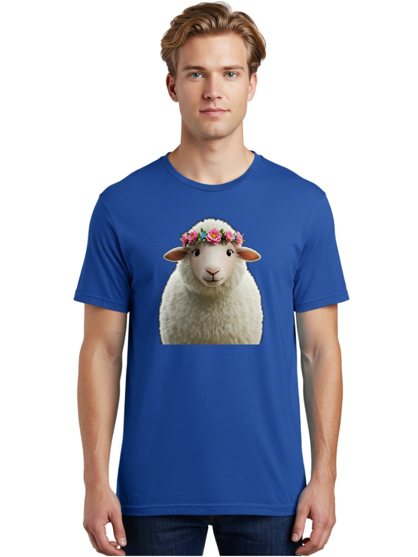 Floral-Sheep-Portrait Men'S Graphic Tee, 100% Cotton, Comfortable Casual Summer Wear, Machine Washable, White Sheep, Cartoon Sheep, Floral Crown, Pink Flowers, Blue Flowers, Cute Animal, Fluffy Fur, Friendly Face, Smiling Sheep, Spring Theme, Bad105 16