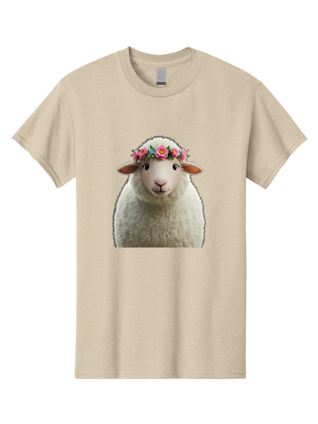 Floral-Sheep-Portrait Men'S Graphic Tee, 100% Cotton, Comfortable Casual Summer Wear, Machine Washable, White Sheep, Cartoon Sheep, Floral Crown, Pink Flowers, Blue Flowers, Cute Animal, Fluffy Fur, Friendly Face, Smiling Sheep, Spring Theme, Bad105 8