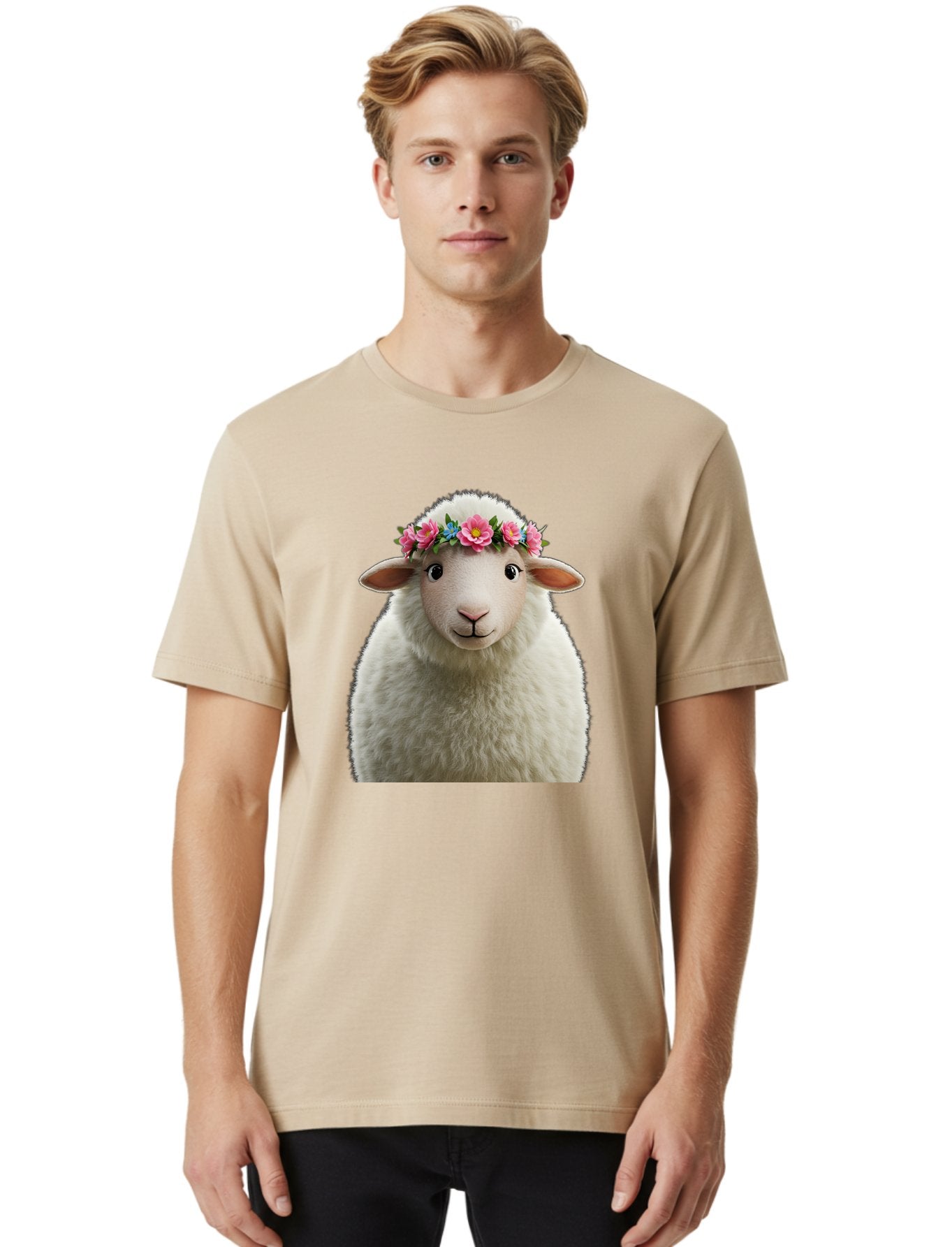 Floral-Sheep-Portrait Men'S Graphic Tee, 100% Cotton, Comfortable Casual Summer Wear, Machine Washable, White Sheep, Cartoon Sheep, Floral Crown, Pink Flowers, Blue Flowers, Cute Animal, Fluffy Fur, Friendly Face, Smiling Sheep, Spring Theme, Bad105 25
