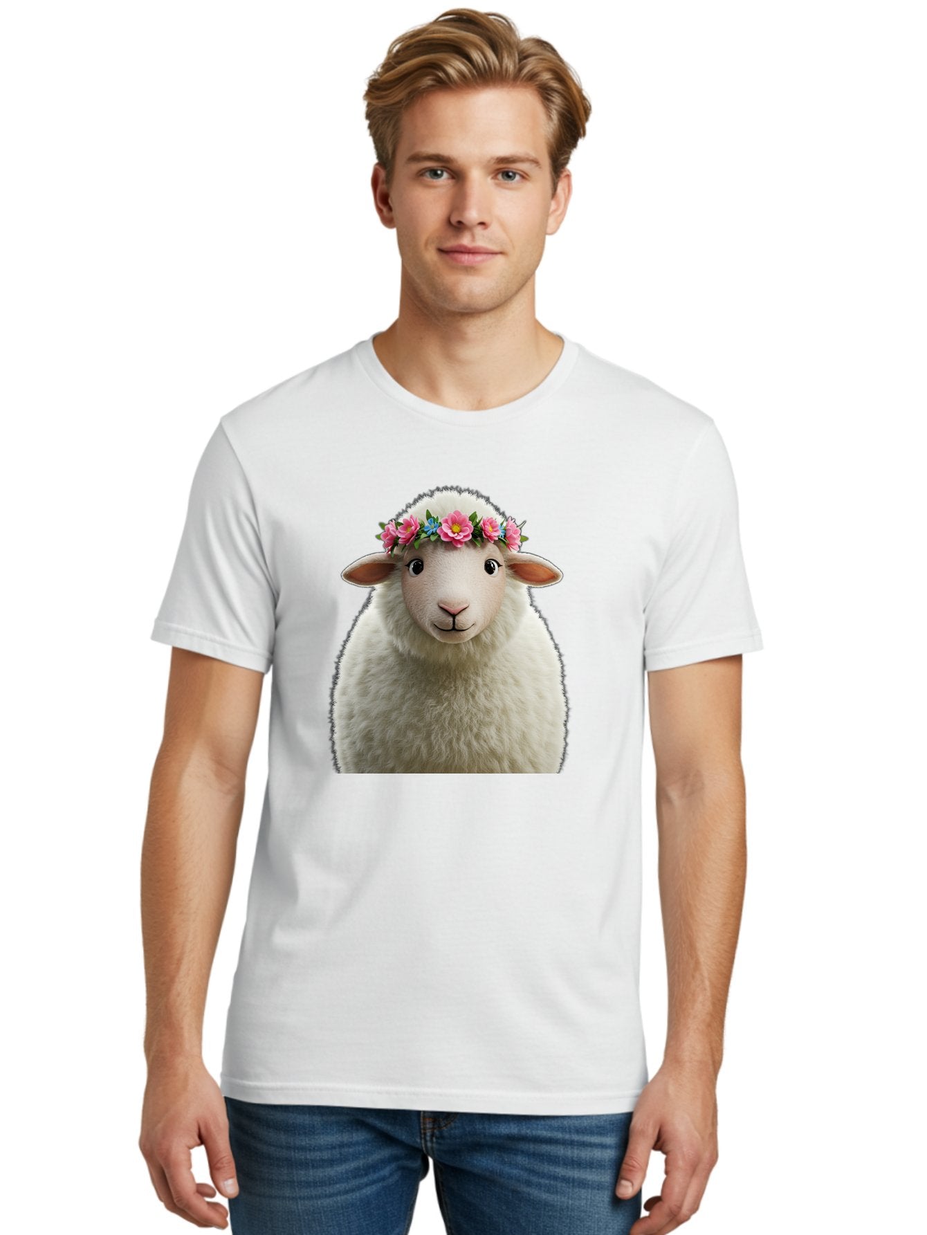 Floral-Sheep-Portrait Men'S Graphic Tee, 100% Cotton, Comfortable Casual Summer Wear, Machine Washable, White Sheep, Cartoon Sheep, Floral Crown, Pink Flowers, Blue Flowers, Cute Animal, Fluffy Fur, Friendly Face, Smiling Sheep, Spring Theme, Bad105 30
