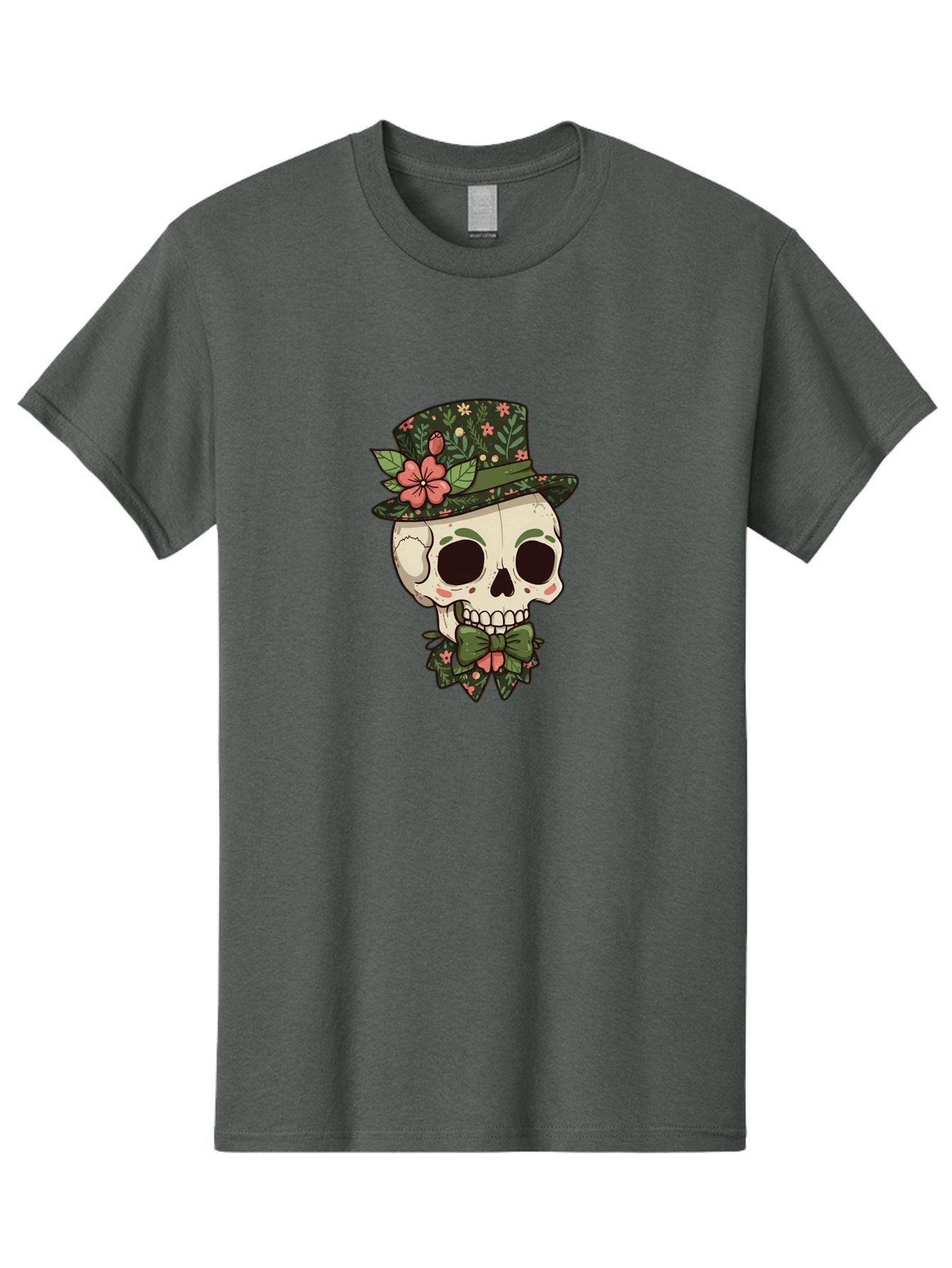 Floral-Skull Men'S Graphic Tee, 100% Cotton, Comfortable Casual Summer Wear, Machine Washable, Skull With Hat, Floral Pattern, Bow Tie, Sugar Skull, Day Of The Dead, Gothic Chic, Floral Accessories, Vintage Style Bad106