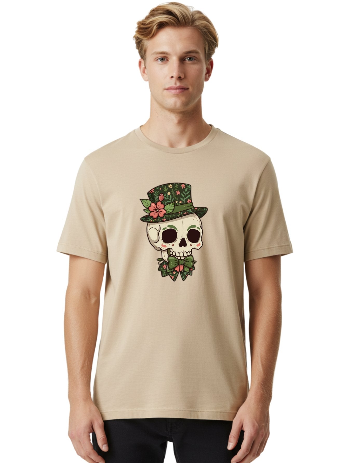 Floral-Skull Men'S Graphic Tee, 100% Cotton, Comfortable Casual Summer Wear, Machine Washable, Skull With Hat, Floral Pattern, Bow Tie, Sugar Skull, Day Of The Dead, Gothic Chic, Floral Accessories, Vintage Style Bad106 27