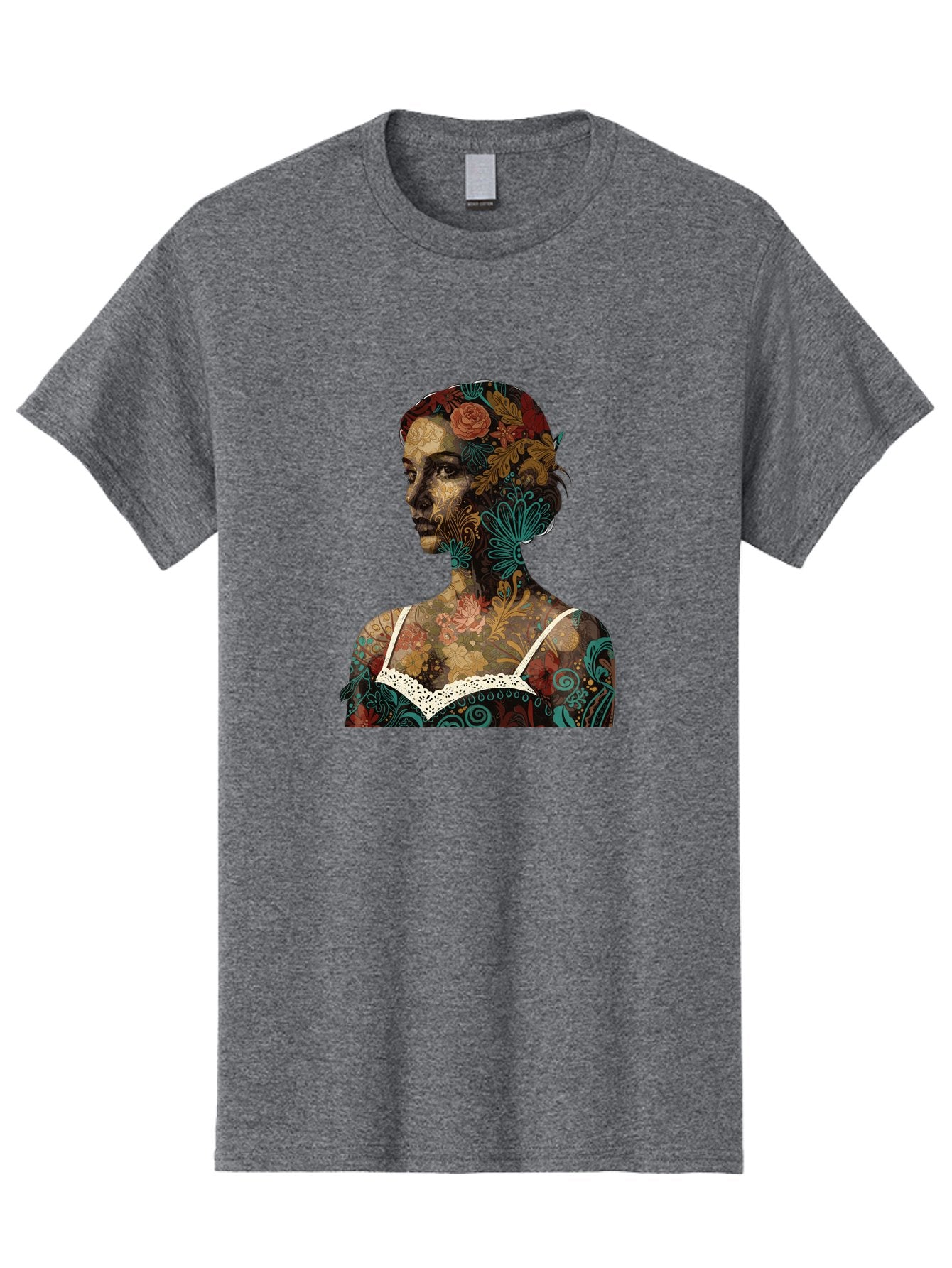 Floral-Woman Men'S Graphic Tee, 100% Cotton, Comfortable Casual Summer Wear, Machine Washable, Woman'S Profile, Floral Patterns, Intricate Designs, Vibrant Colors, Bohemian Style, Artistic Expression, Digital Art, Floral Motifs, Bad107