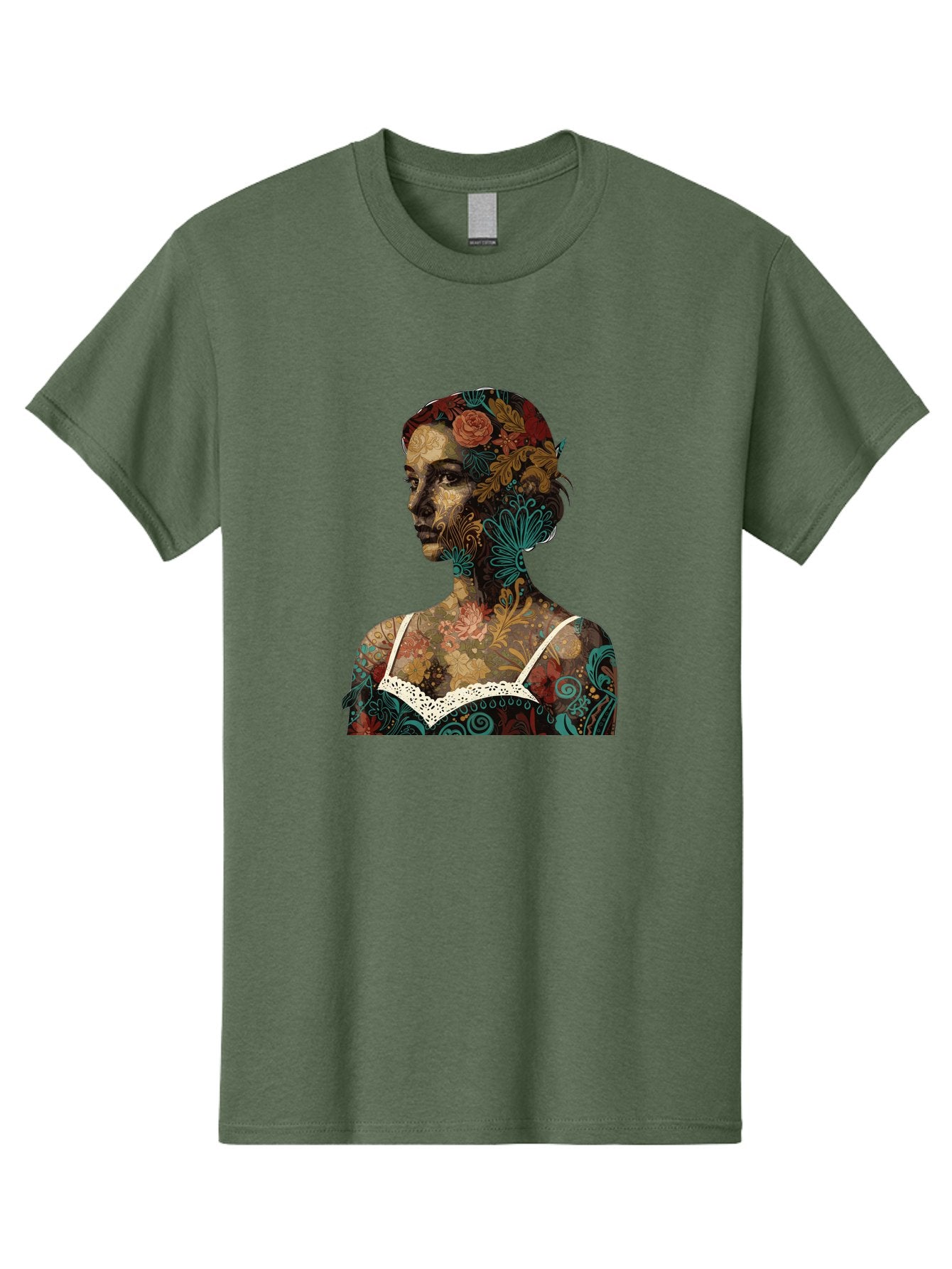 Floral-Woman Men'S Graphic Tee, 100% Cotton, Comfortable Casual Summer Wear, Machine Washable, Woman'S Profile, Floral Patterns, Intricate Designs, Vibrant Colors, Bohemian Style, Artistic Expression, Digital Art, Floral Motifs, Bad107 11