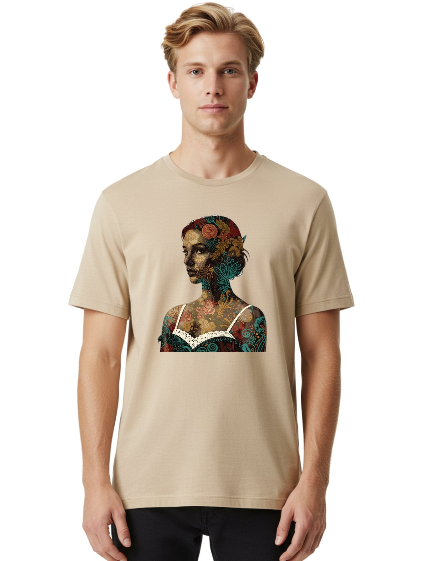 Floral-Woman Men'S Graphic Tee, 100% Cotton, Comfortable Casual Summer Wear, Machine Washable, Woman'S Profile, Floral Patterns, Intricate Designs, Vibrant Colors, Bohemian Style, Artistic Expression, Digital Art, Floral Motifs, Bad107 21