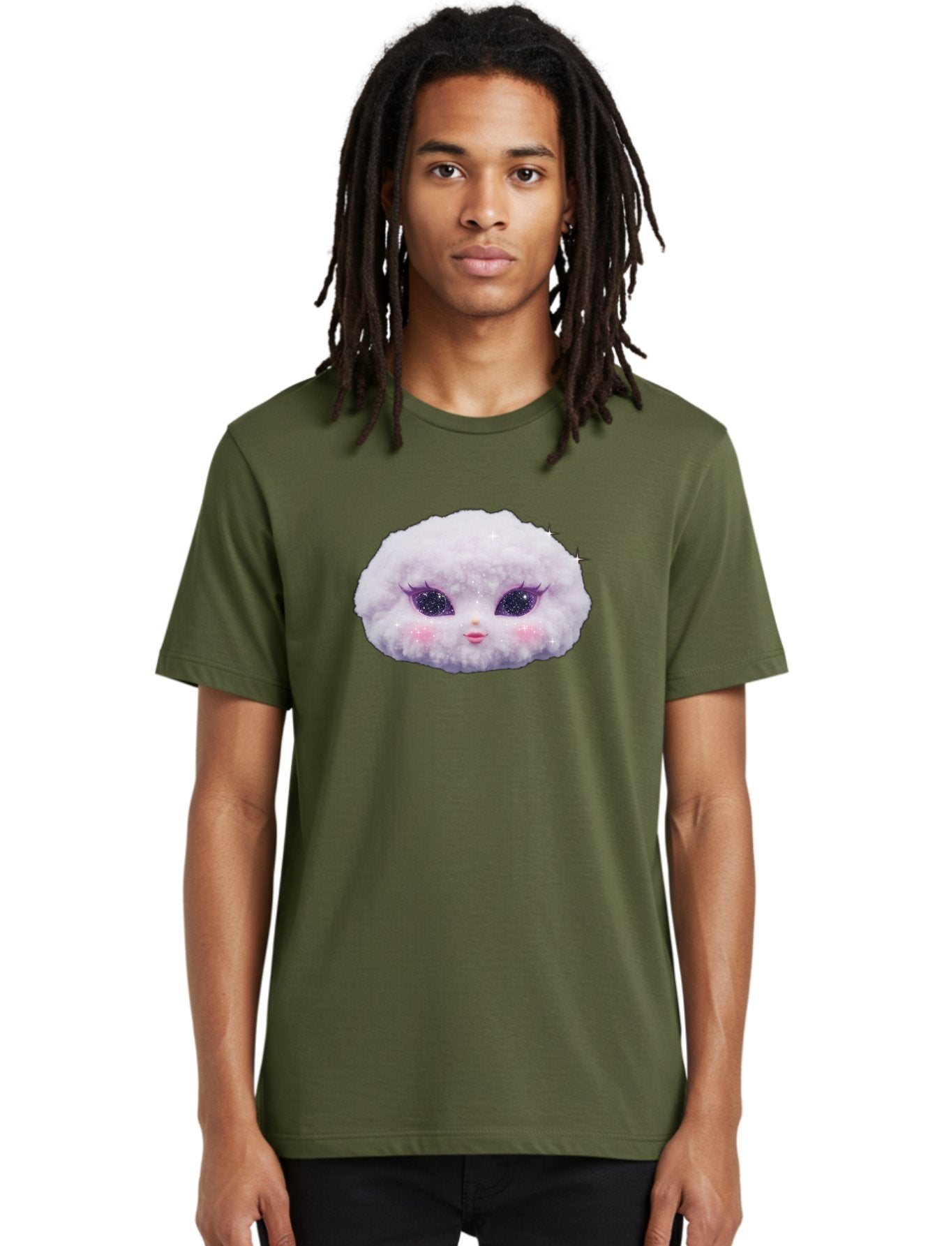 Fluffy-Cloud-Pet Men'S Graphic Tee, 100% Cotton, Comfortable Casual Summer Wear, Machine Washable, Cute Cartoon Character, Fluffy White Pom, Pink Cheeks, Purple Eyes, Sparkly Eyelashes, Sweet Expression, Children'S Illustration, Bad108 26