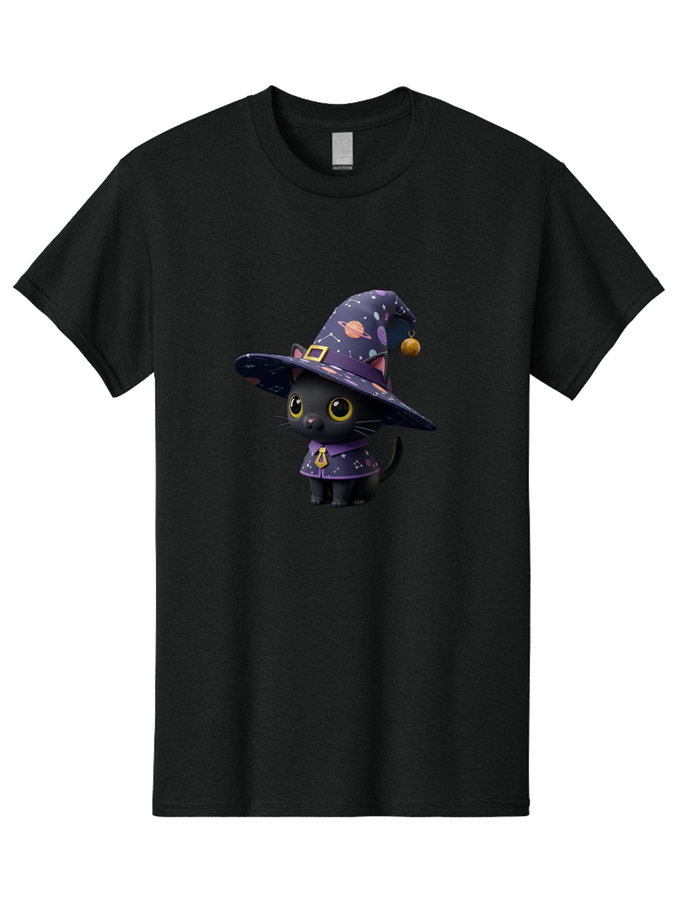 Galaxy-Witch-Cat Men'S Graphic Tee, 100% Cotton, Comfortable Casual Summer Wear, Machine Washable, Black Cat In Witch Costume, Galaxy-Themed Hat, Celestial Design, Yellow Eyes, Magical Atmosphere, Halloween Icon, Adorable Character, Bad115 10