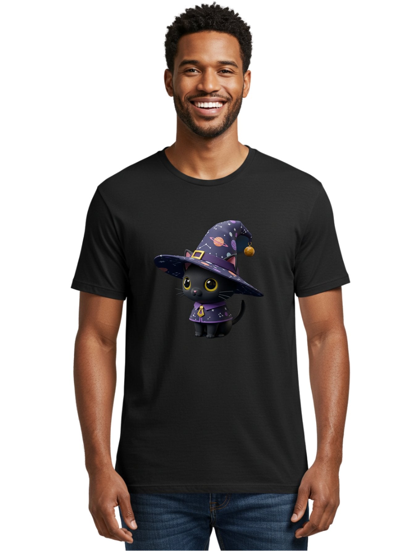 Galaxy-Witch-Cat Men'S Graphic Tee, 100% Cotton, Comfortable Casual Summer Wear, Machine Washable, Black Cat In Witch Costume, Galaxy-Themed Hat, Celestial Design, Yellow Eyes, Magical Atmosphere, Halloween Icon, Adorable Character, Bad115 17
