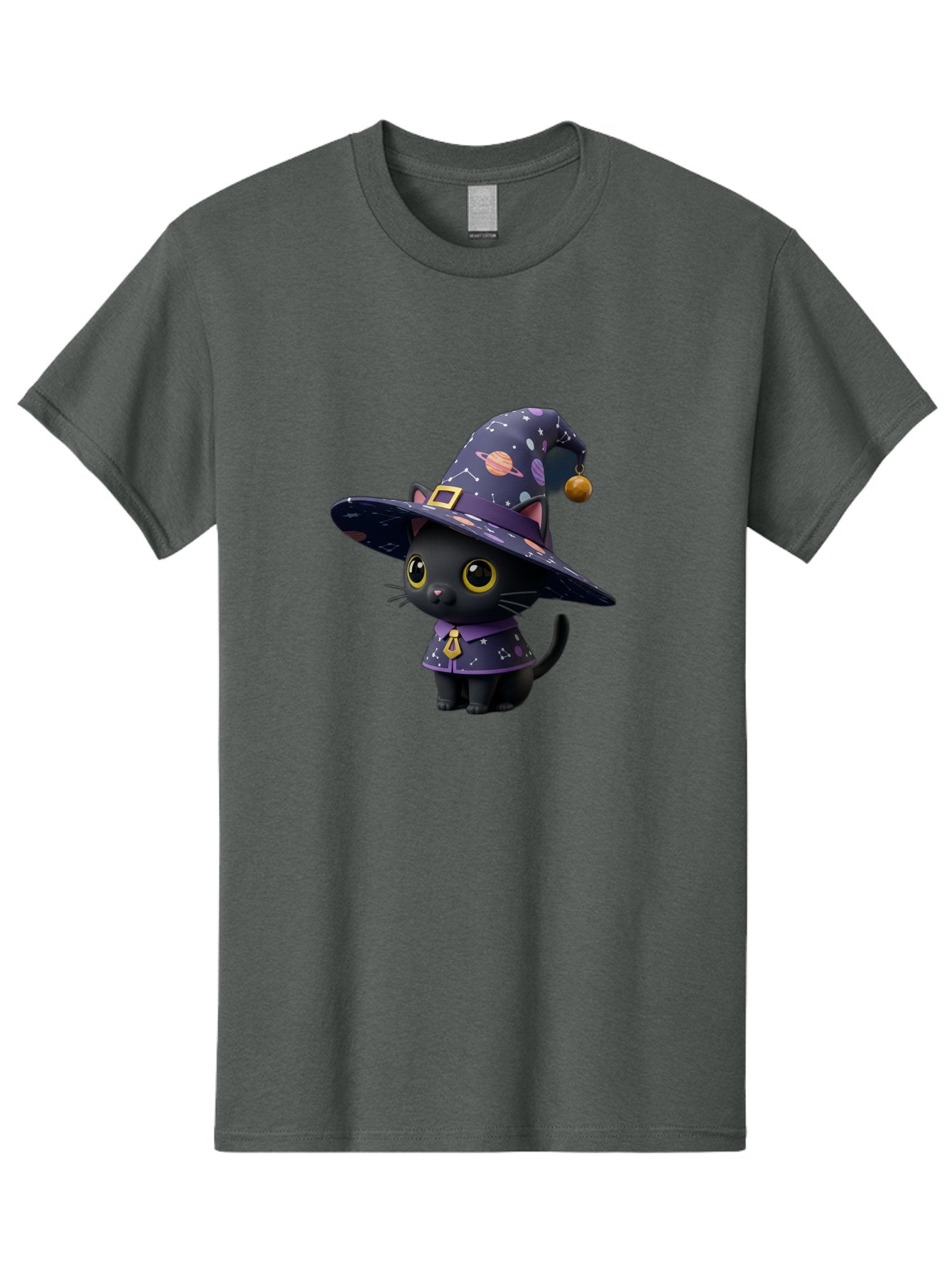 Galaxy-Witch-Cat Men'S Graphic Tee, 100% Cotton, Comfortable Casual Summer Wear, Machine Washable, Black Cat In Witch Costume, Galaxy-Themed Hat, Celestial Design, Yellow Eyes, Magical Atmosphere, Halloween Icon, Adorable Character, Bad115 3