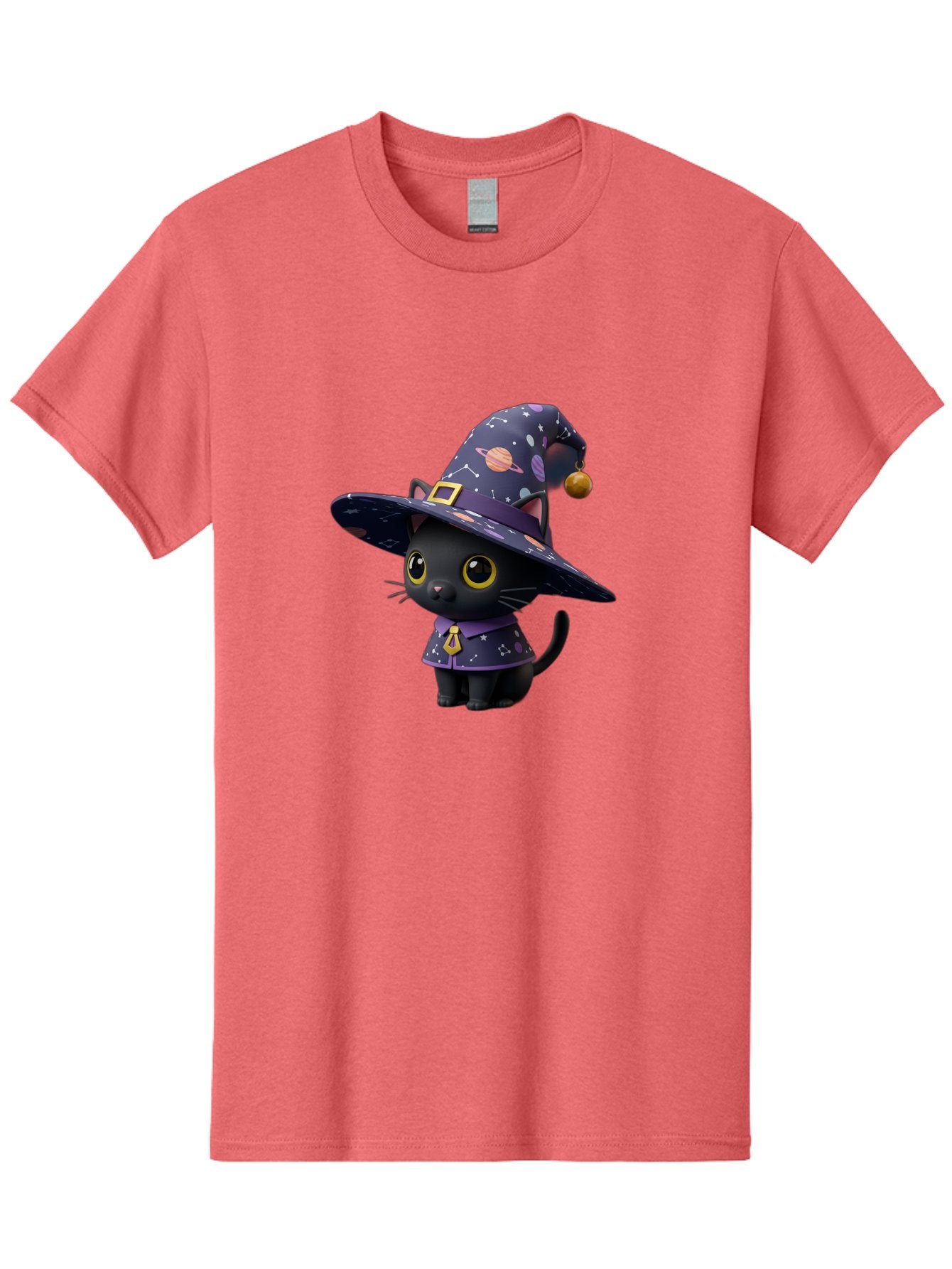 Galaxy-Witch-Cat Men'S Graphic Tee, 100% Cotton, Comfortable Casual Summer Wear, Machine Washable, Black Cat In Witch Costume, Galaxy-Themed Hat, Celestial Design, Yellow Eyes, Magical Atmosphere, Halloween Icon, Adorable Character, Bad115