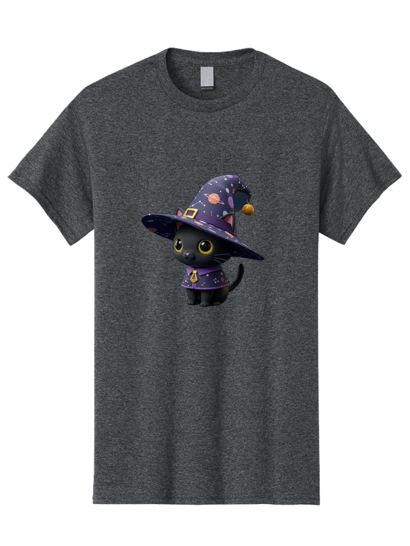 Galaxy-Witch-Cat Men'S Graphic Tee, 100% Cotton, Comfortable Casual Summer Wear, Machine Washable, Black Cat In Witch Costume, Galaxy-Themed Hat, Celestial Design, Yellow Eyes, Magical Atmosphere, Halloween Icon, Adorable Character, Bad115 6