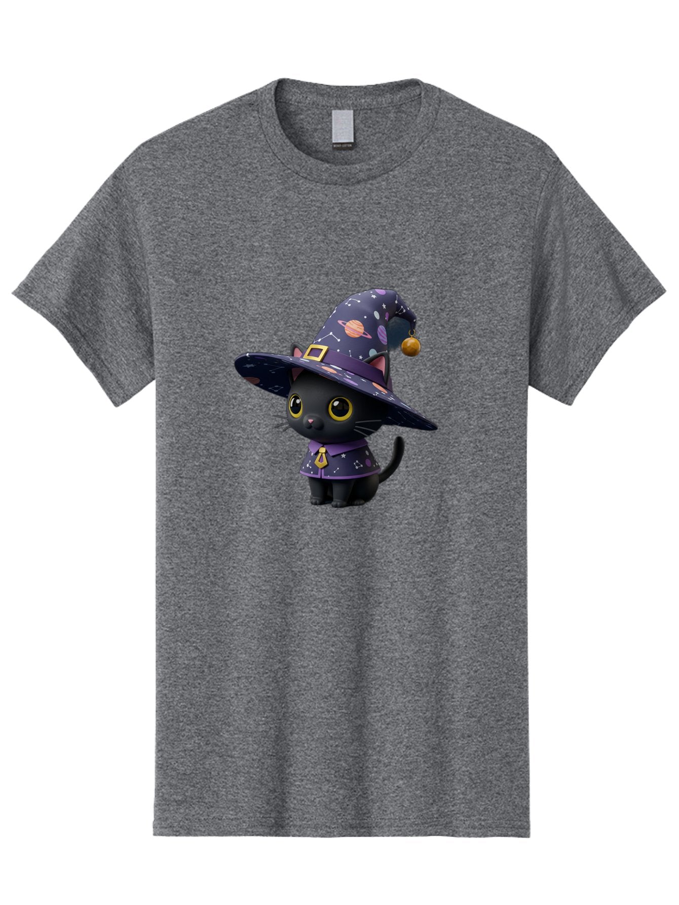 Galaxy-Witch-Cat Men'S Graphic Tee, 100% Cotton, Comfortable Casual Summer Wear, Machine Washable, Black Cat In Witch Costume, Galaxy-Themed Hat, Celestial Design, Yellow Eyes, Magical Atmosphere, Halloween Icon, Adorable Character, Bad115