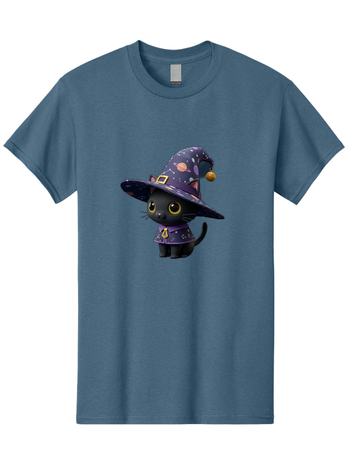 Galaxy-Witch-Cat Men'S Graphic Tee, 100% Cotton, Comfortable Casual Summer Wear, Machine Washable, Black Cat In Witch Costume, Galaxy-Themed Hat, Celestial Design, Yellow Eyes, Magical Atmosphere, Halloween Icon, Adorable Character, Bad115 9