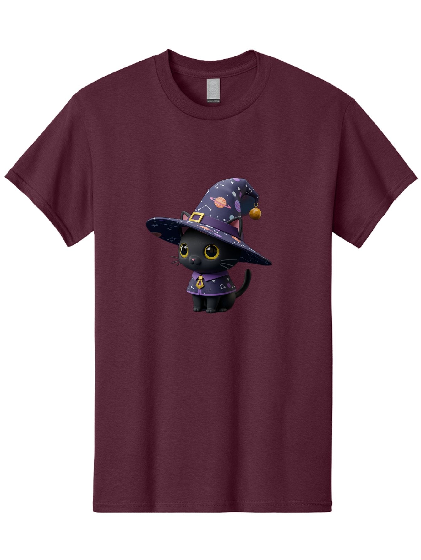 Galaxy-Witch-Cat Men'S Graphic Tee, 100% Cotton, Comfortable Casual Summer Wear, Machine Washable, Black Cat In Witch Costume, Galaxy-Themed Hat, Celestial Design, Yellow Eyes, Magical Atmosphere, Halloween Icon, Adorable Character, Bad115 14
