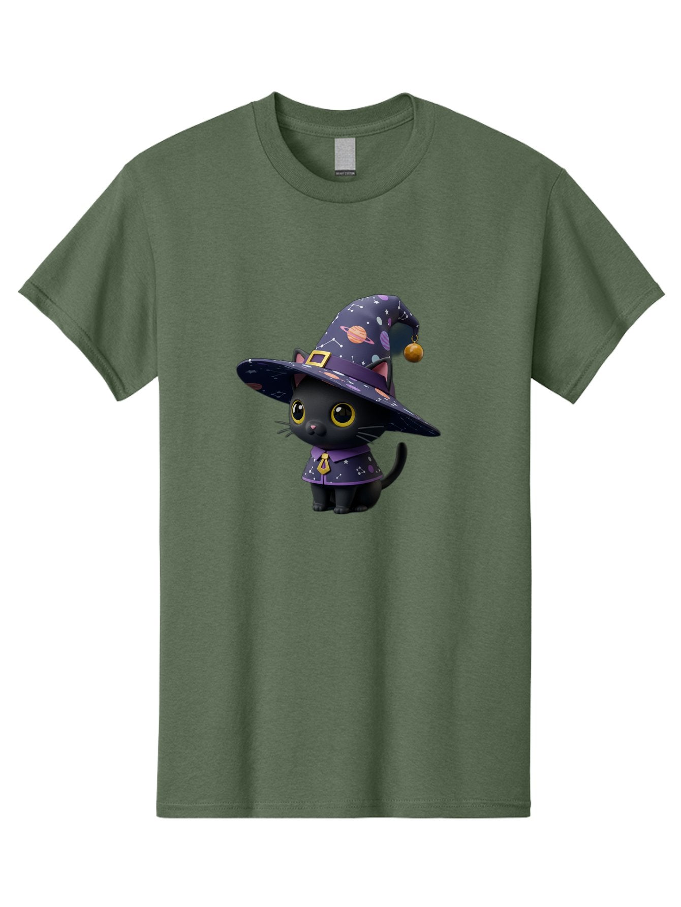 Galaxy-Witch-Cat Men'S Graphic Tee, 100% Cotton, Comfortable Casual Summer Wear, Machine Washable, Black Cat In Witch Costume, Galaxy-Themed Hat, Celestial Design, Yellow Eyes, Magical Atmosphere, Halloween Icon, Adorable Character, Bad115 8