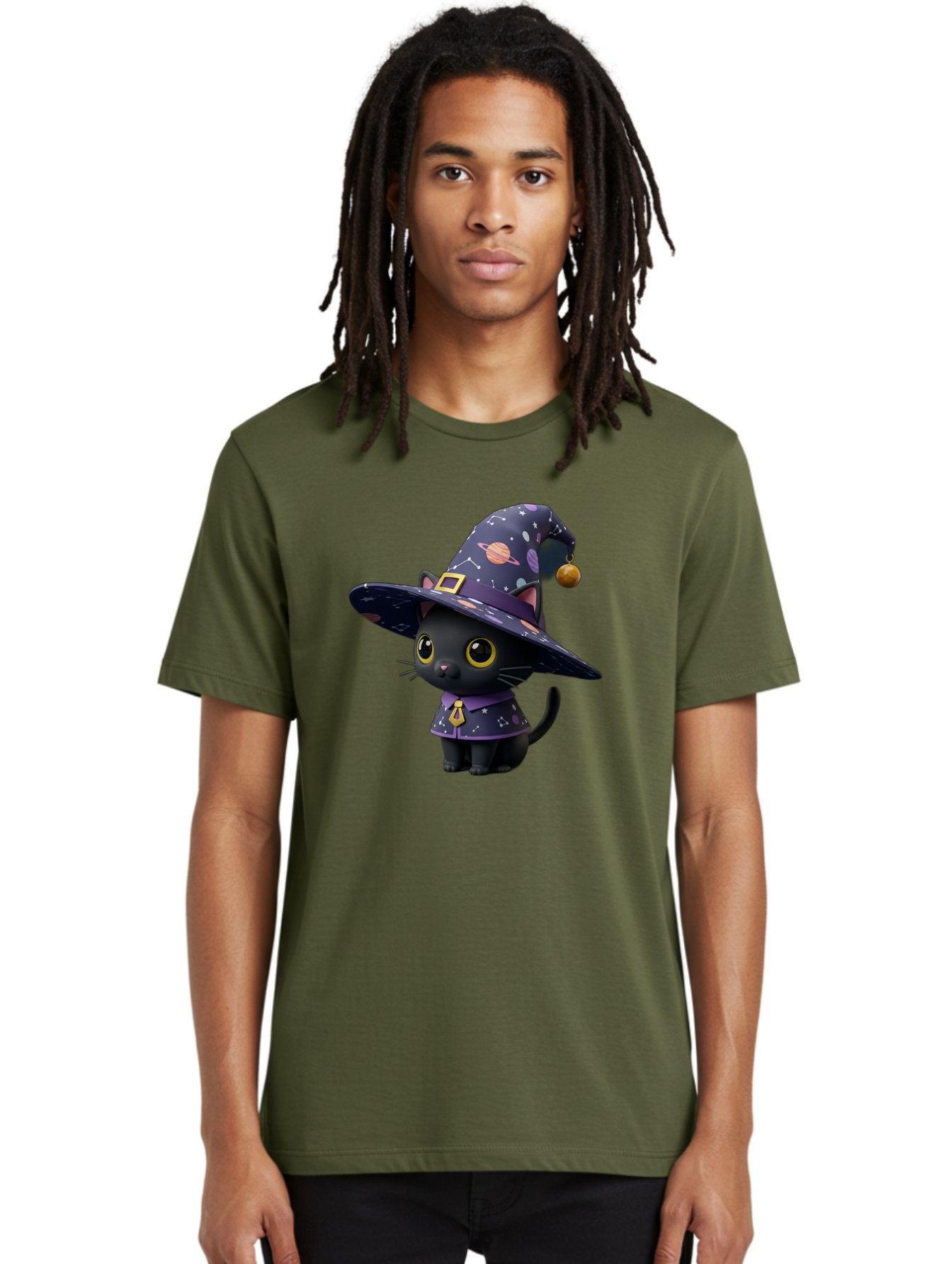 Galaxy-Witch-Cat Men'S Graphic Tee, 100% Cotton, Comfortable Casual Summer Wear, Machine Washable, Black Cat In Witch Costume, Galaxy-Themed Hat, Celestial Design, Yellow Eyes, Magical Atmosphere, Halloween Icon, Adorable Character, Bad115 25
