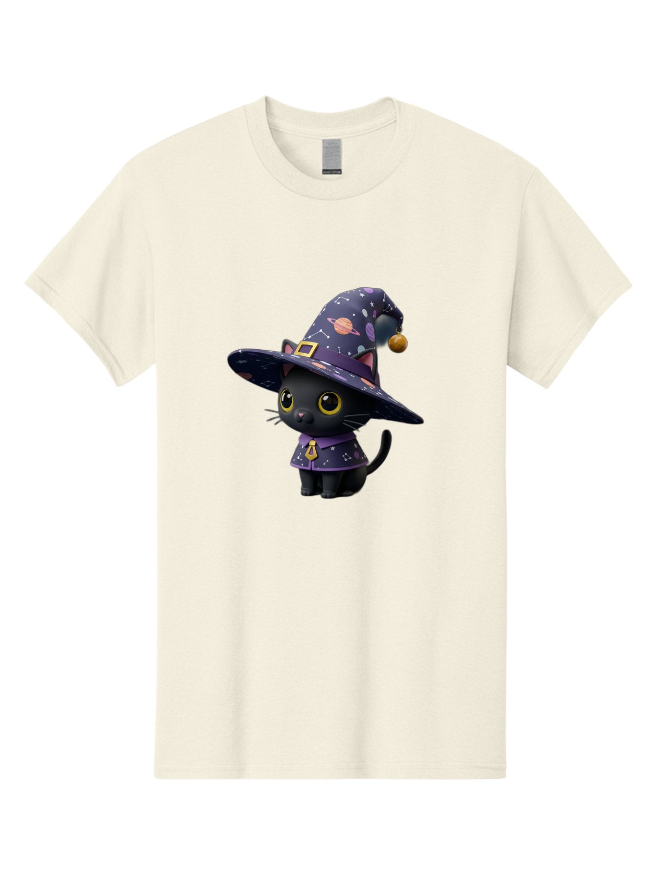 Galaxy-Witch-Cat Men'S Graphic Tee, 100% Cotton, Comfortable Casual Summer Wear, Machine Washable, Black Cat In Witch Costume, Galaxy-Themed Hat, Celestial Design, Yellow Eyes, Magical Atmosphere, Halloween Icon, Adorable Character, Bad115 13
