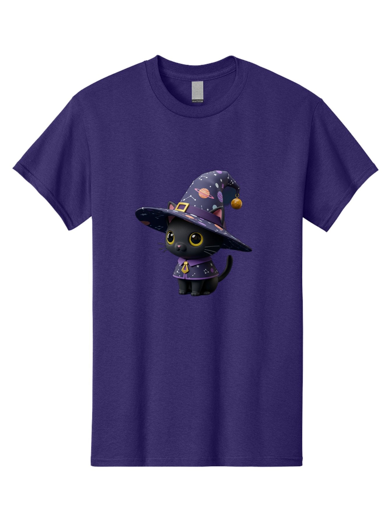 Galaxy-Witch-Cat Men'S Graphic Tee, 100% Cotton, Comfortable Casual Summer Wear, Machine Washable, Black Cat In Witch Costume, Galaxy-Themed Hat, Celestial Design, Yellow Eyes, Magical Atmosphere, Halloween Icon, Adorable Character, Bad115 4