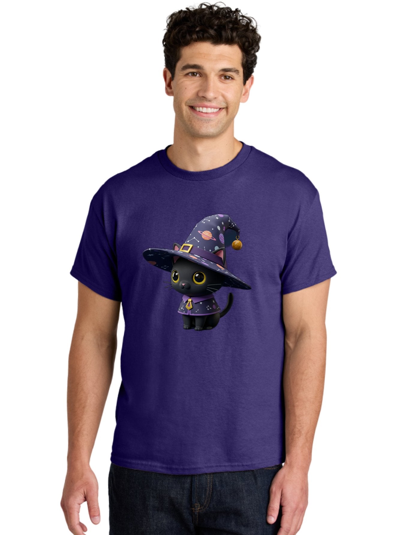 Galaxy-Witch-Cat Men'S Graphic Tee, 100% Cotton, Comfortable Casual Summer Wear, Machine Washable, Black Cat In Witch Costume, Galaxy-Themed Hat, Celestial Design, Yellow Eyes, Magical Atmosphere, Halloween Icon, Adorable Character, Bad115 18
