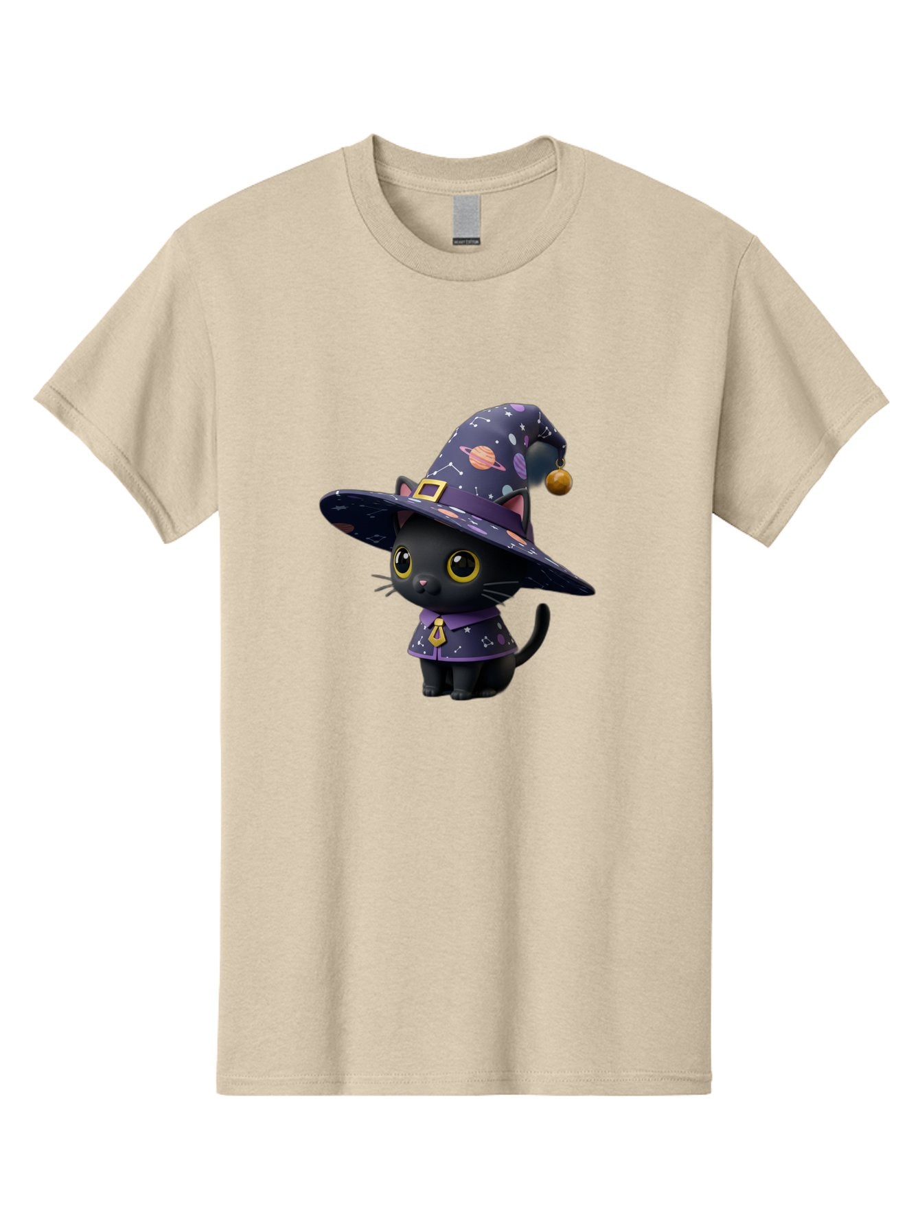 Galaxy-Witch-Cat Men'S Graphic Tee, 100% Cotton, Comfortable Casual Summer Wear, Machine Washable, Black Cat In Witch Costume, Galaxy-Themed Hat, Celestial Design, Yellow Eyes, Magical Atmosphere, Halloween Icon, Adorable Character, Bad115 15