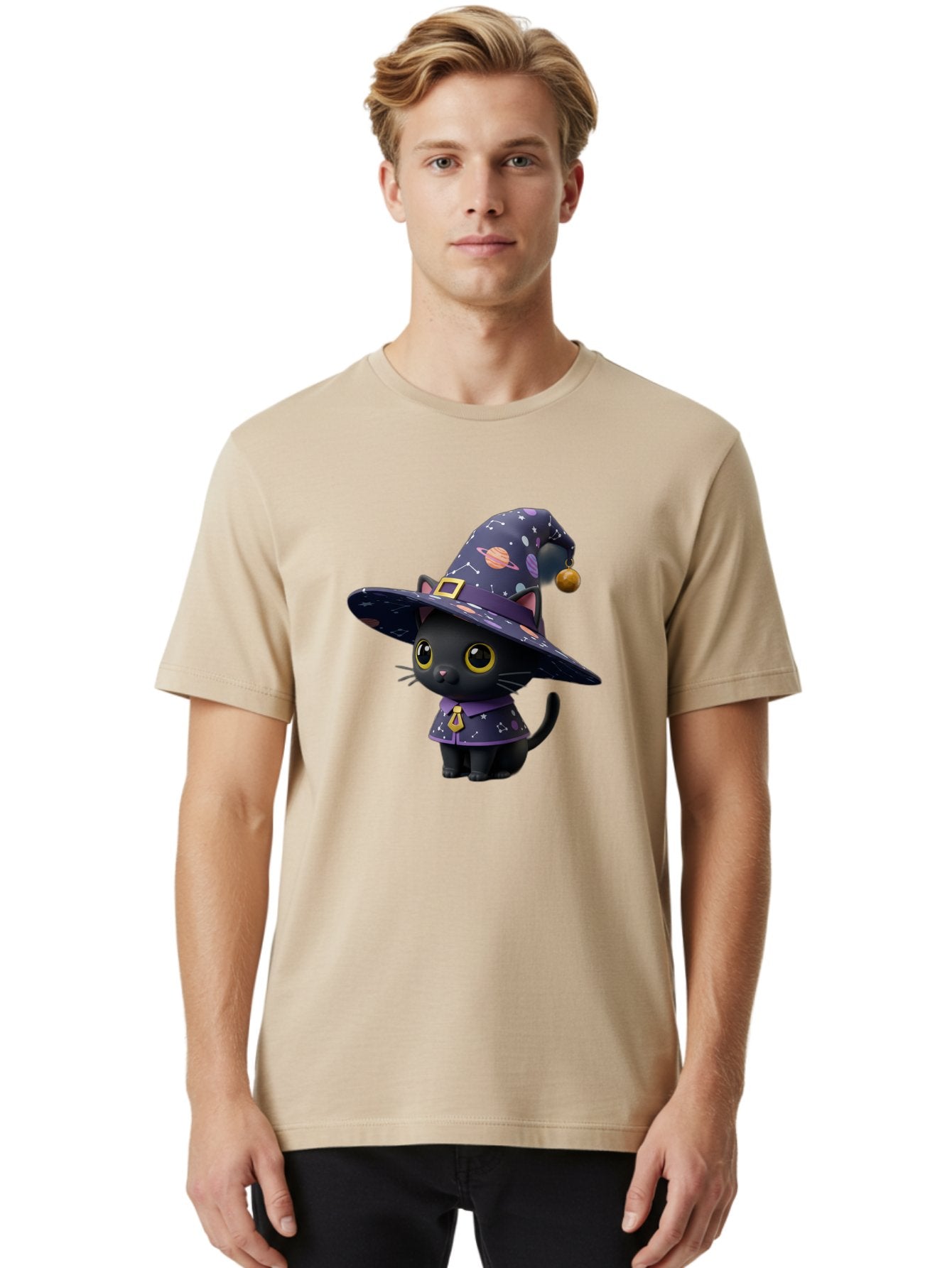 Galaxy-Witch-Cat Men'S Graphic Tee, 100% Cotton, Comfortable Casual Summer Wear, Machine Washable, Black Cat In Witch Costume, Galaxy-Themed Hat, Celestial Design, Yellow Eyes, Magical Atmosphere, Halloween Icon, Adorable Character, Bad115 30