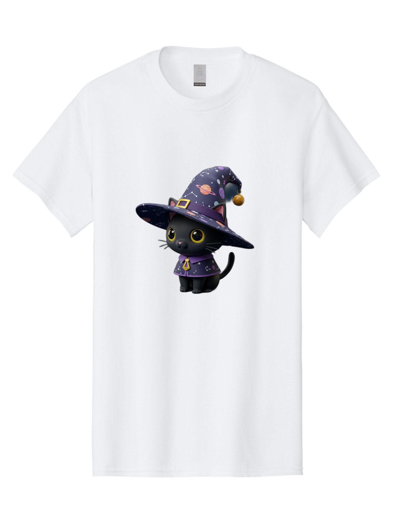 Galaxy-Witch-Cat Men'S Graphic Tee, 100% Cotton, Comfortable Casual Summer Wear, Machine Washable, Black Cat In Witch Costume, Galaxy-Themed Hat, Celestial Design, Yellow Eyes, Magical Atmosphere, Halloween Icon, Adorable Character, Bad115 5