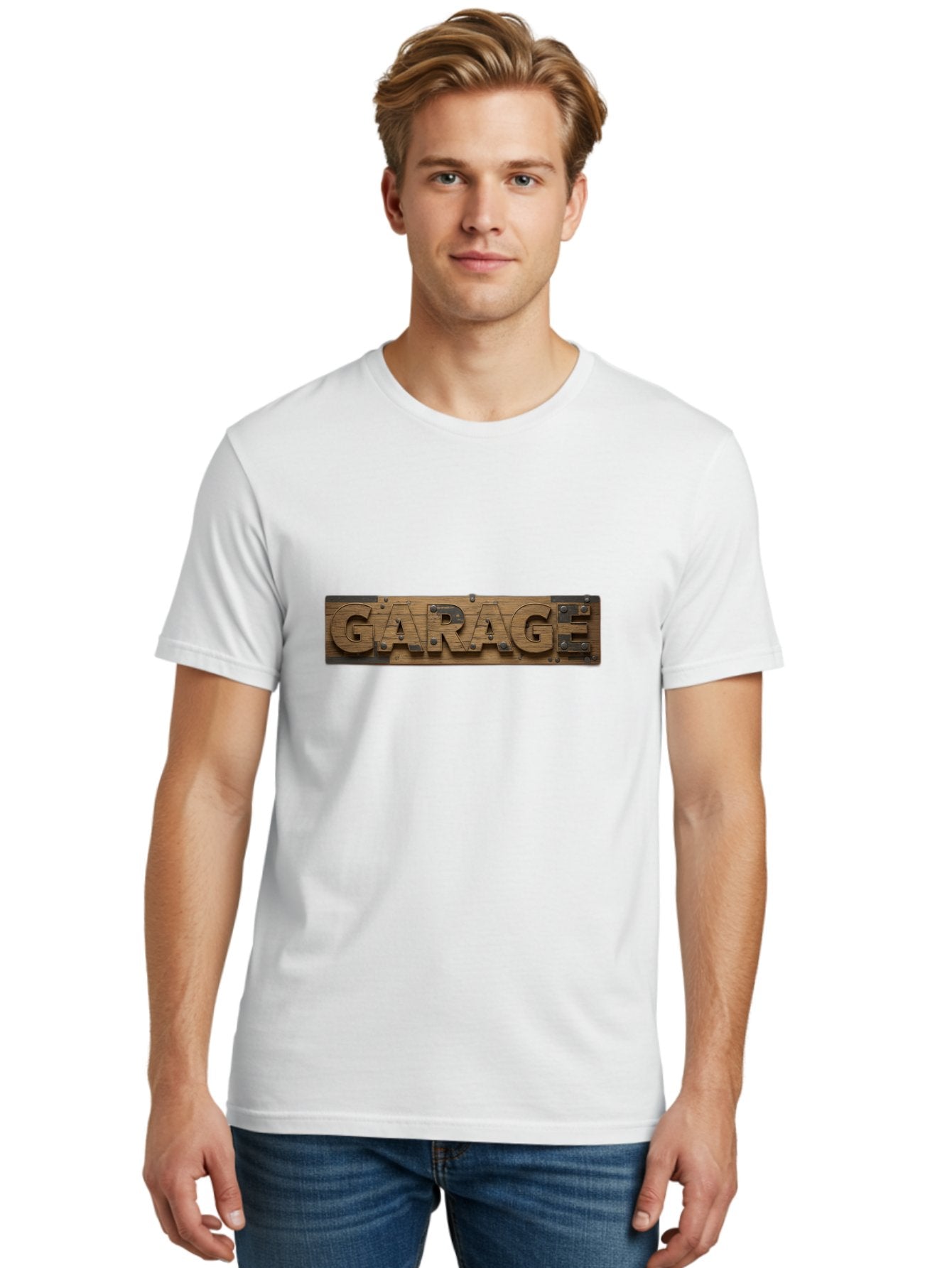 Garage Men'S Graphic Tee, 100% Cotton, Comfortable Casual Summer Wear, Machine Washable, Wooden Sign, Wooden Letters, Metal Rivets, Garage Text, Rustic Signage, Vintage Style, Retro Aesthetic, Grunge Texture, Diy Decor Bad116 29