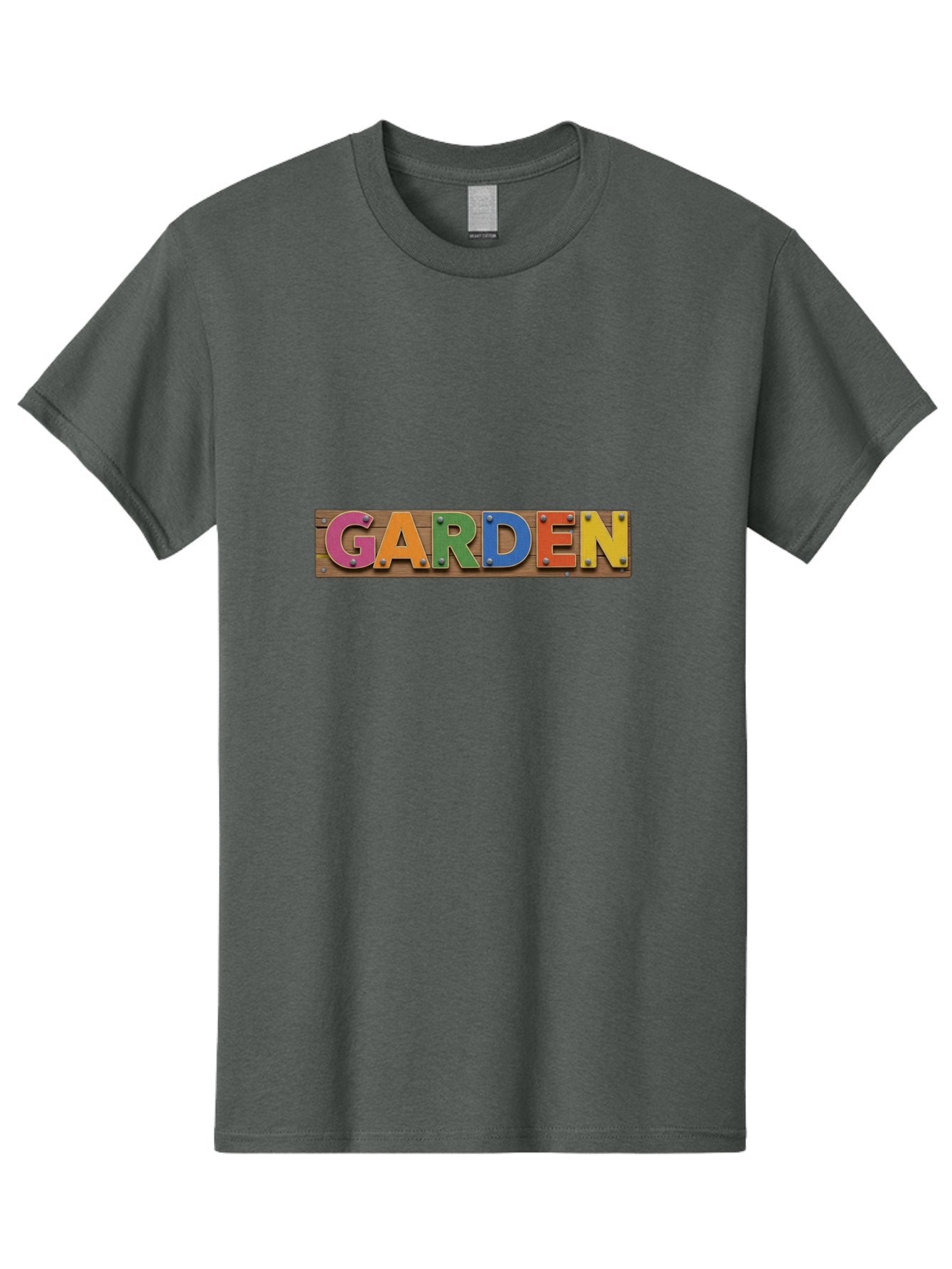 Garden Men'S Graphic Tee, 100% Cotton, Comfortable Casual Summer Wear, Machine Washable, Colorful Letters, Garden Signage, Wooden Background, Vibrant Colors, Metal Rivets, Gardening Theme, Outdoor Decor, Rustic Charm, Multicolored Text, Bad117 12