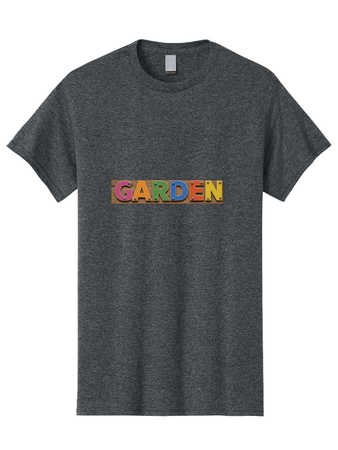 Garden Men'S Graphic Tee, 100% Cotton, Comfortable Casual Summer Wear, Machine Washable, Colorful Letters, Garden Signage, Wooden Background, Vibrant Colors, Metal Rivets, Gardening Theme, Outdoor Decor, Rustic Charm, Multicolored Text, Bad117 6