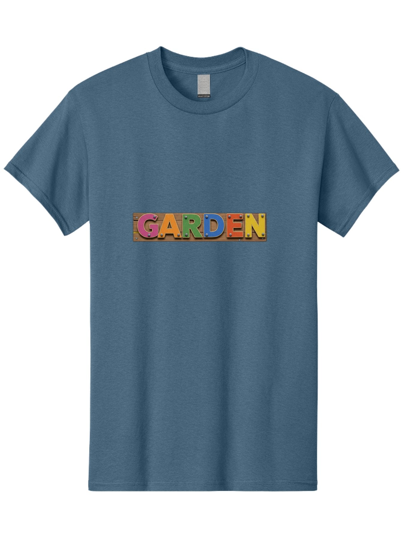 Garden Men'S Graphic Tee, 100% Cotton, Comfortable Casual Summer Wear, Machine Washable, Colorful Letters, Garden Signage, Wooden Background, Vibrant Colors, Metal Rivets, Gardening Theme, Outdoor Decor, Rustic Charm, Multicolored Text, Bad117