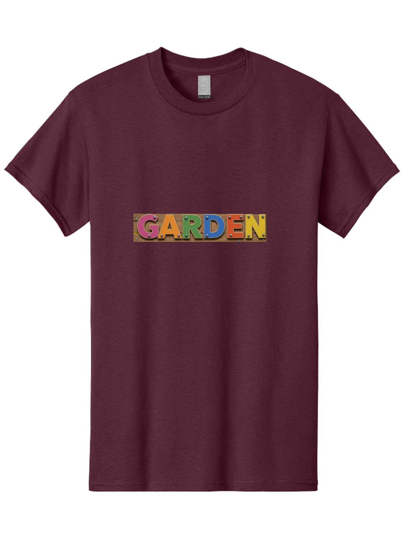 Garden Men'S Graphic Tee, 100% Cotton, Comfortable Casual Summer Wear, Machine Washable, Colorful Letters, Garden Signage, Wooden Background, Vibrant Colors, Metal Rivets, Gardening Theme, Outdoor Decor, Rustic Charm, Multicolored Text, Bad117 5