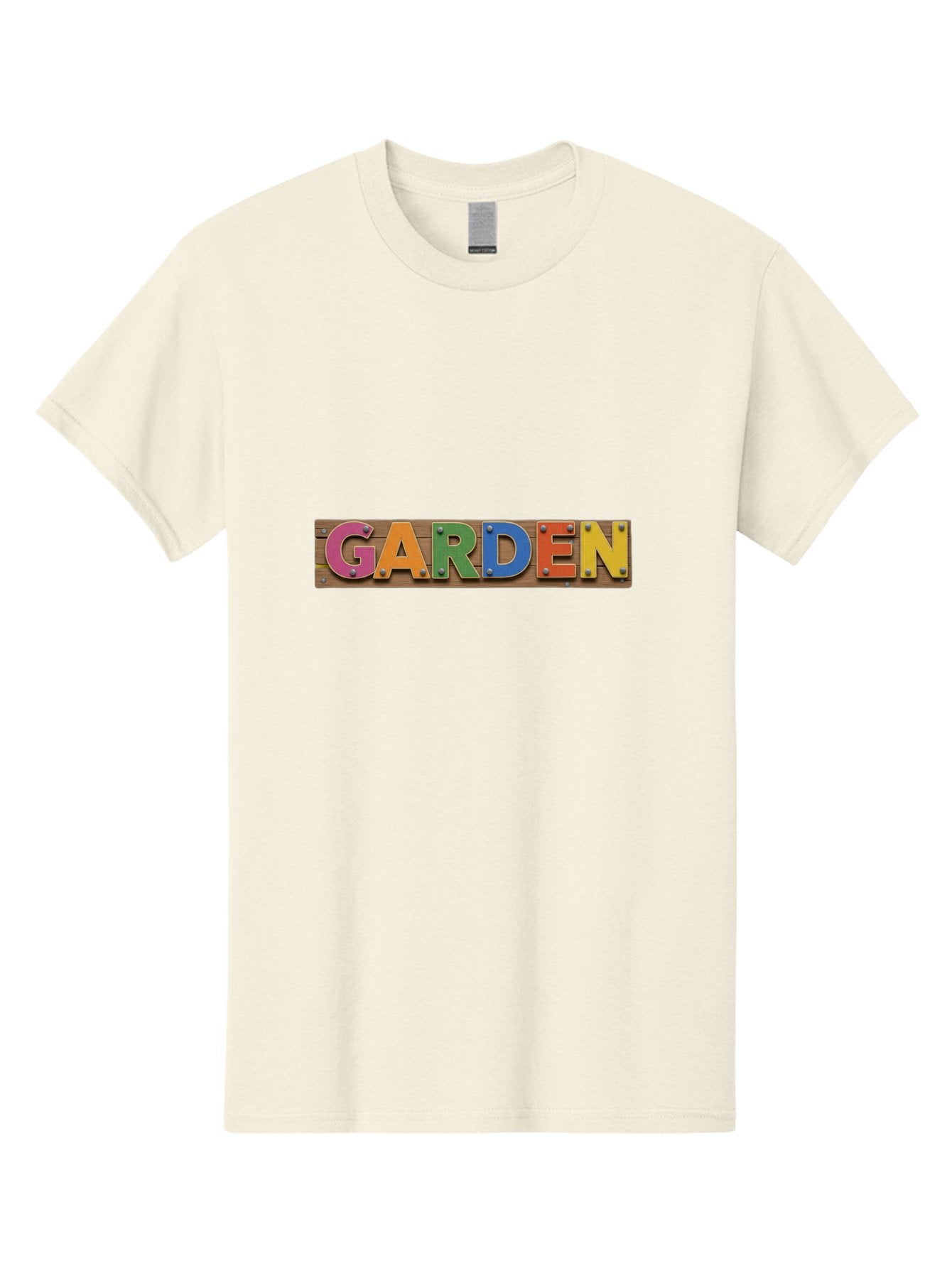 Garden Men'S Graphic Tee, 100% Cotton, Comfortable Casual Summer Wear, Machine Washable, Colorful Letters, Garden Signage, Wooden Background, Vibrant Colors, Metal Rivets, Gardening Theme, Outdoor Decor, Rustic Charm, Multicolored Text, Bad117 4