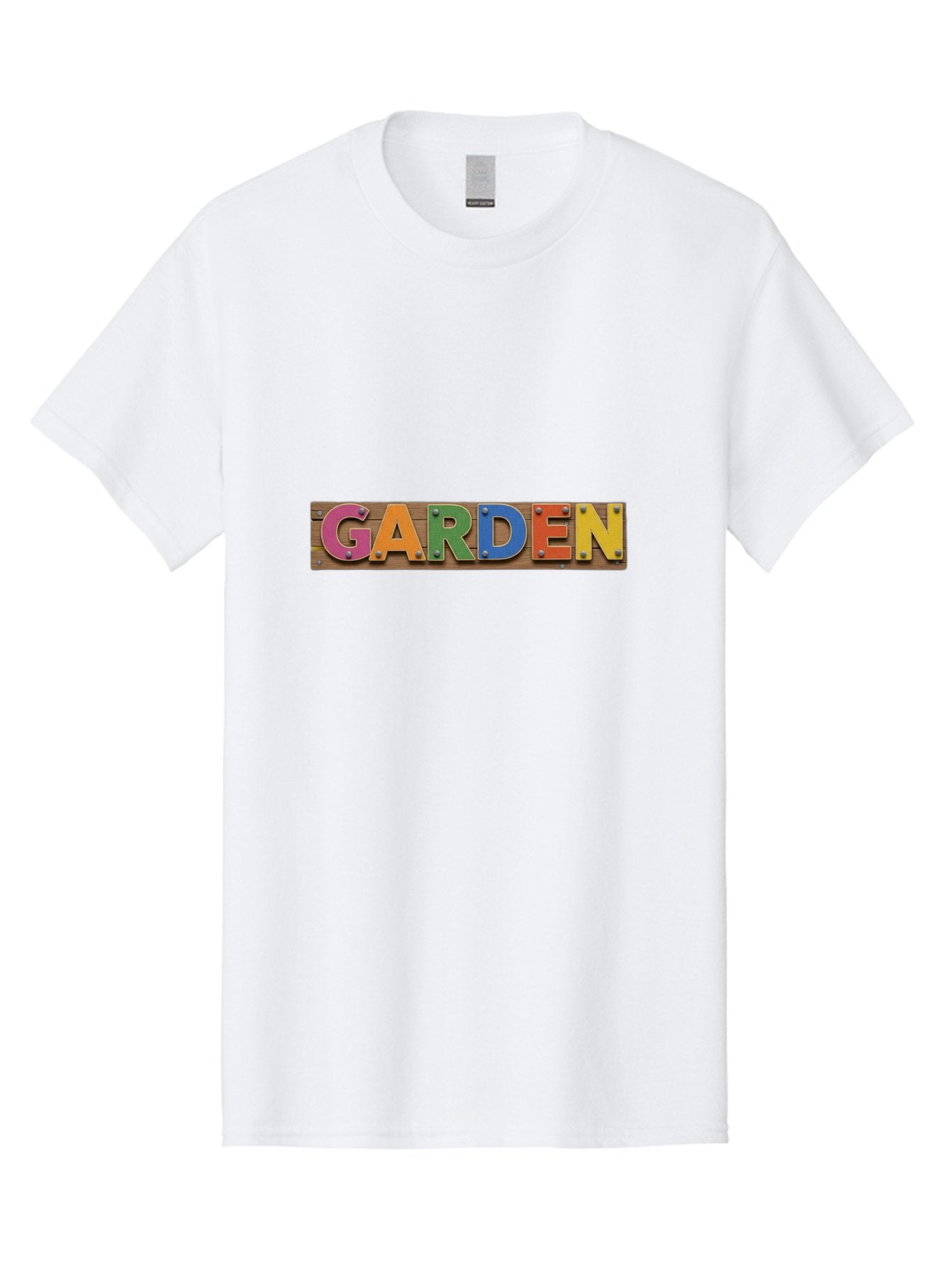 Garden Men'S Graphic Tee, 100% Cotton, Comfortable Casual Summer Wear, Machine Washable, Colorful Letters, Garden Signage, Wooden Background, Vibrant Colors, Metal Rivets, Gardening Theme, Outdoor Decor, Rustic Charm, Multicolored Text, Bad117 10