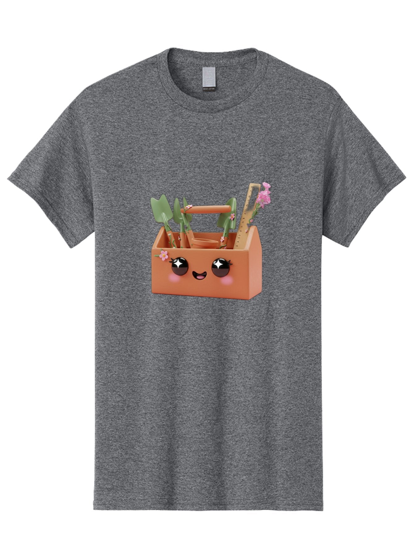 Gardening-Toolbox Men'S Graphic Tee, 100% Cotton, Comfortable Casual Summer Wear, Machine Washable, Gardening Tool Set, Adorable Storage Box, Cute Face Design, Gardening Tools, Flower Decorations, Small Plastic Shovel, Trowel, Rake, Bad118 9
