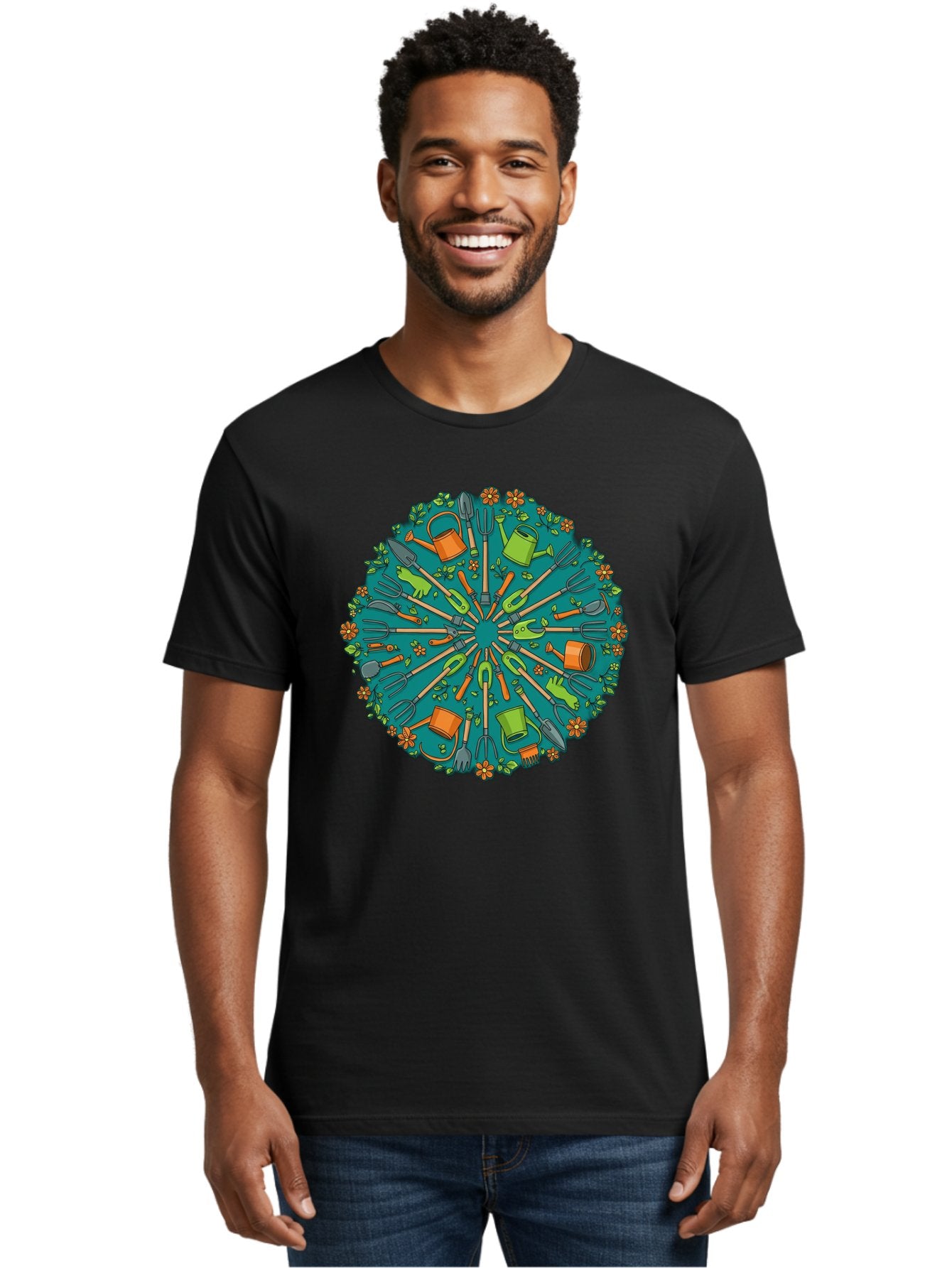 Gardening-Tools-Mandala Men'S Graphic Tee, 100% Cotton, Comfortable Casual Summer Wear, Machine Washable, Gardening Tools, Gardening Equipment, Watering Cans, Rakes, Shovels, Trowels, Gloves, Flower Arrangements, Garden Decor, Bad119 24