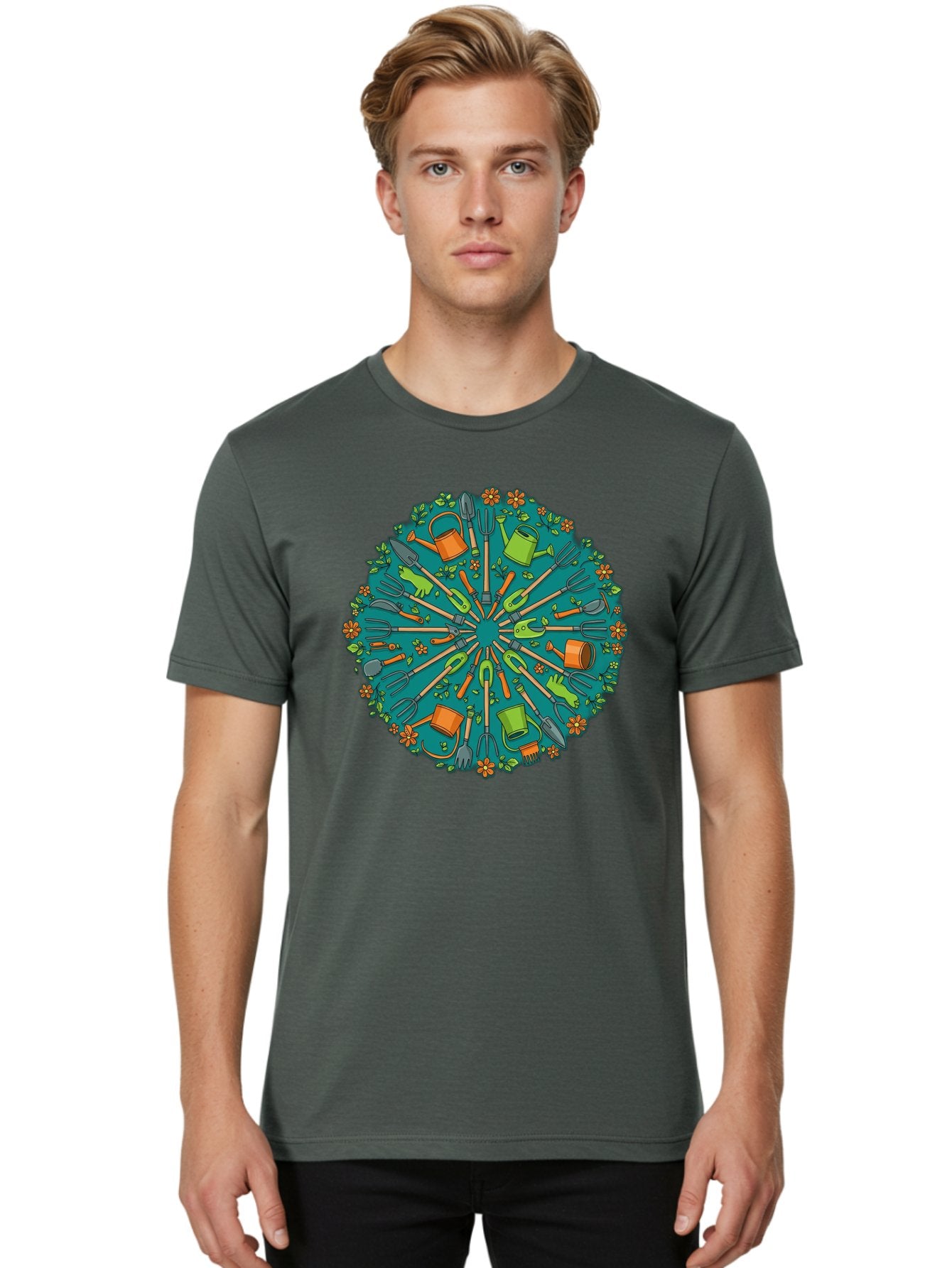 Gardening-Tools-Mandala Men'S Graphic Tee, 100% Cotton, Comfortable Casual Summer Wear, Machine Washable, Gardening Tools, Gardening Equipment, Watering Cans, Rakes, Shovels, Trowels, Gloves, Flower Arrangements, Garden Decor, Bad119 25