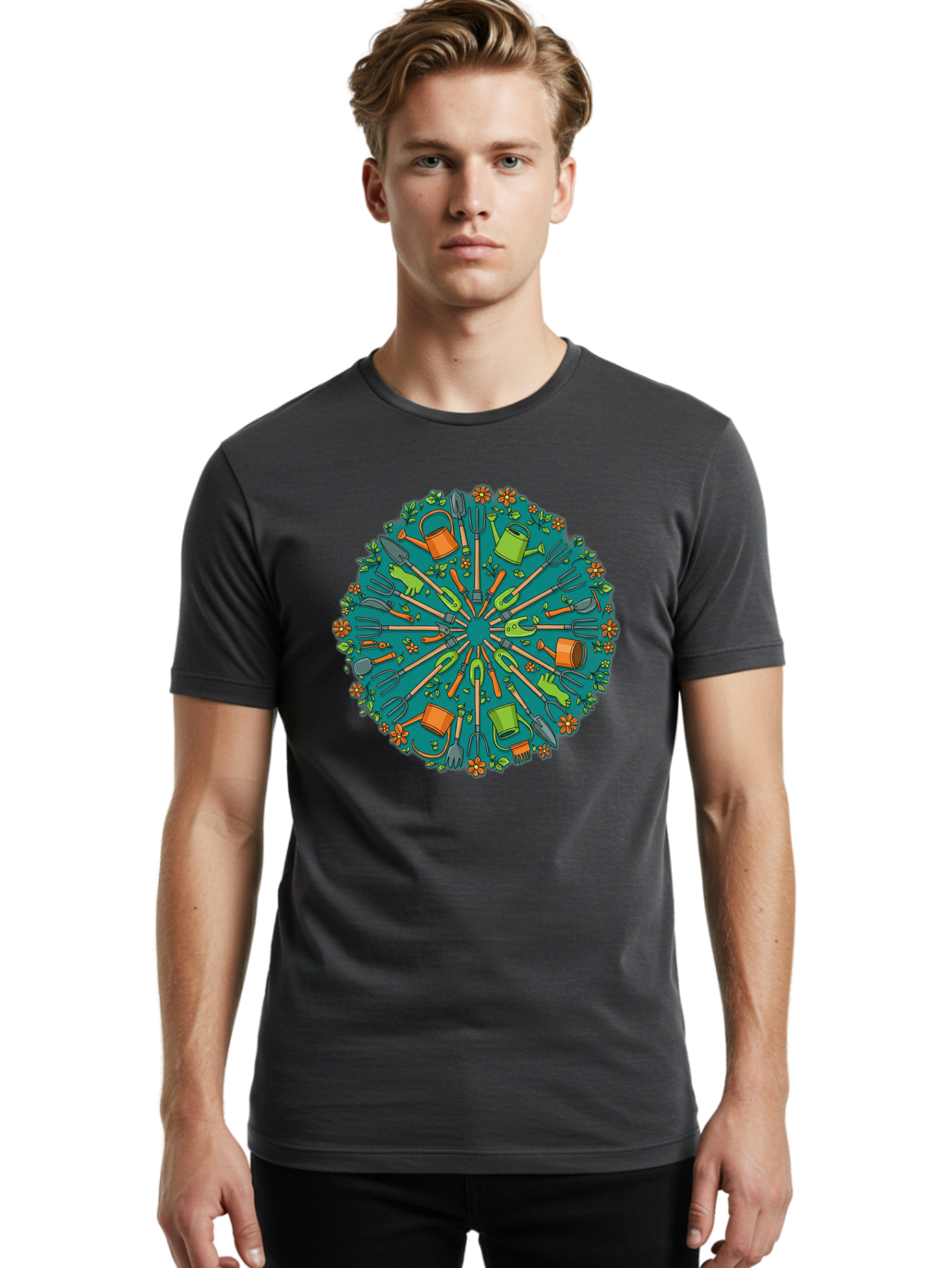 Gardening-Tools-Mandala Men'S Graphic Tee, 100% Cotton, Comfortable Casual Summer Wear, Machine Washable, Gardening Tools, Gardening Equipment, Watering Cans, Rakes, Shovels, Trowels, Gloves, Flower Arrangements, Garden Decor, Bad119 29