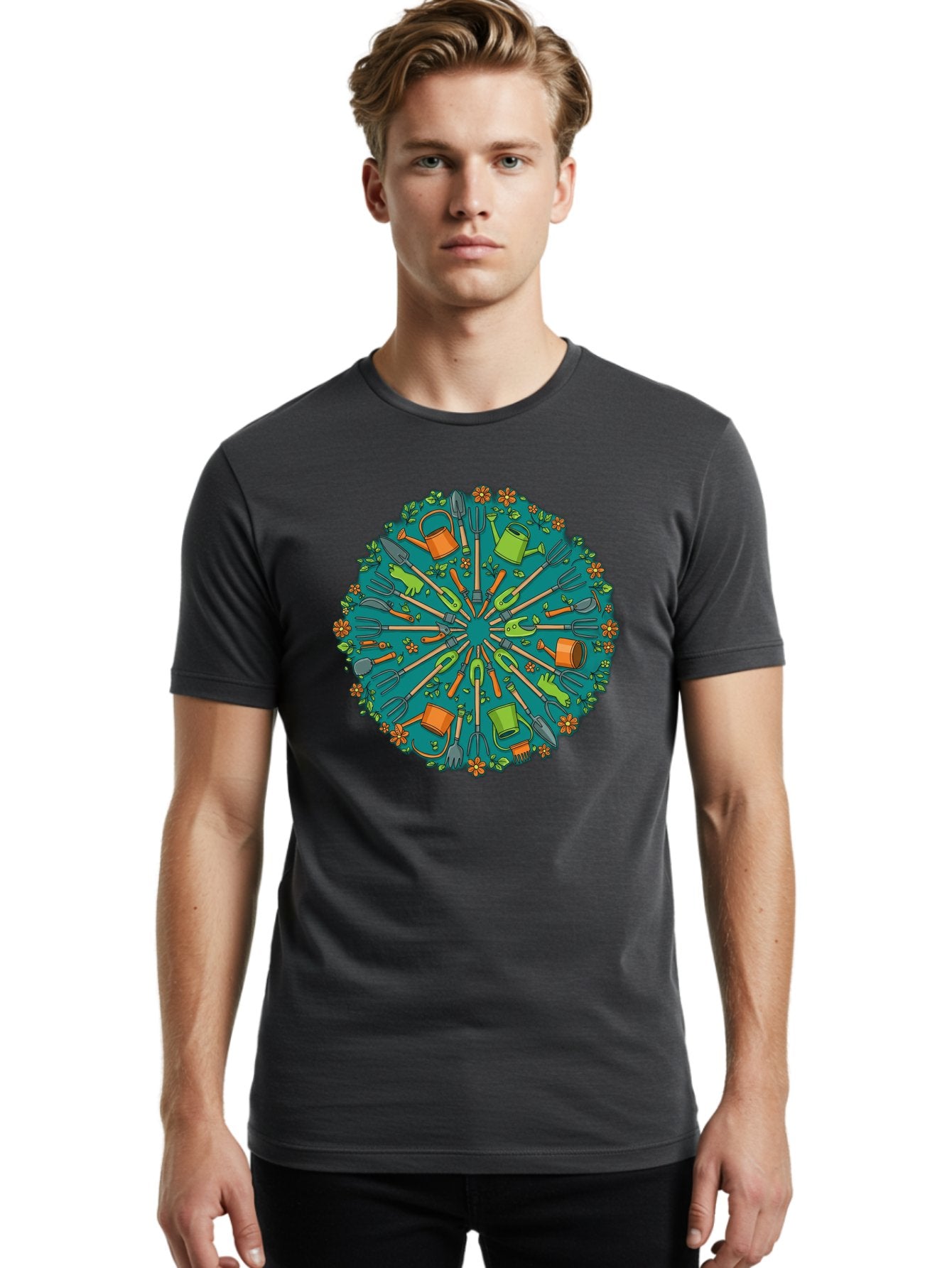 Gardening-Tools-Mandala Men'S Graphic Tee, 100% Cotton, Comfortable Casual Summer Wear, Machine Washable, Gardening Tools, Gardening Equipment, Watering Cans, Rakes, Shovels, Trowels, Gloves, Flower Arrangements, Garden Decor, Bad119 17