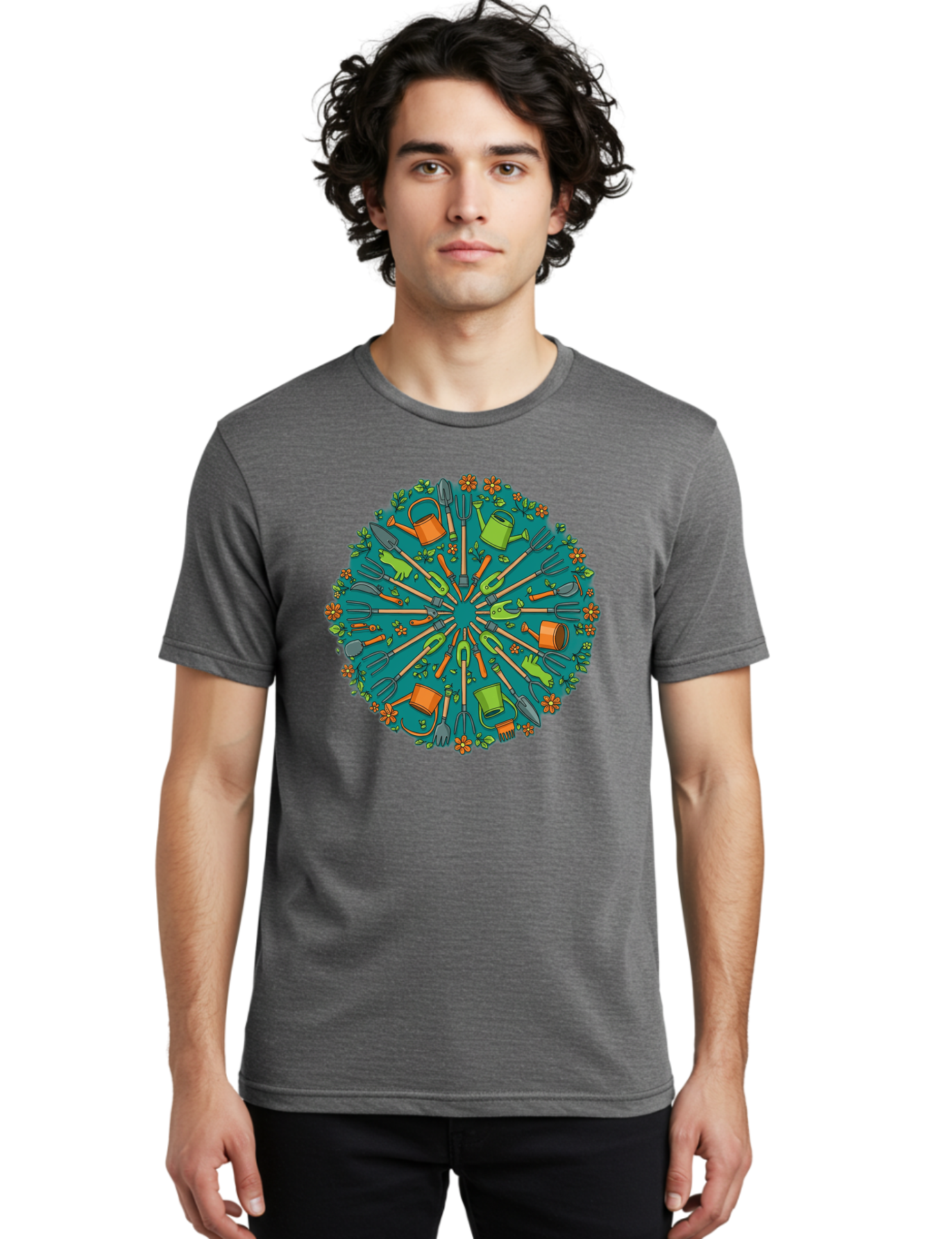 Gardening-Tools-Mandala Men'S Graphic Tee, 100% Cotton, Comfortable Casual Summer Wear, Machine Washable, Gardening Tools, Gardening Equipment, Watering Cans, Rakes, Shovels, Trowels, Gloves, Flower Arrangements, Garden Decor, Bad119 19