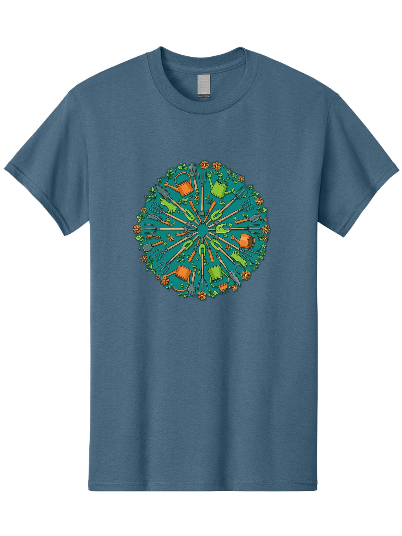 Gardening-Tools-Mandala Men'S Graphic Tee, 100% Cotton, Comfortable Casual Summer Wear, Machine Washable, Gardening Tools, Gardening Equipment, Watering Cans, Rakes, Shovels, Trowels, Gloves, Flower Arrangements, Garden Decor, Bad119