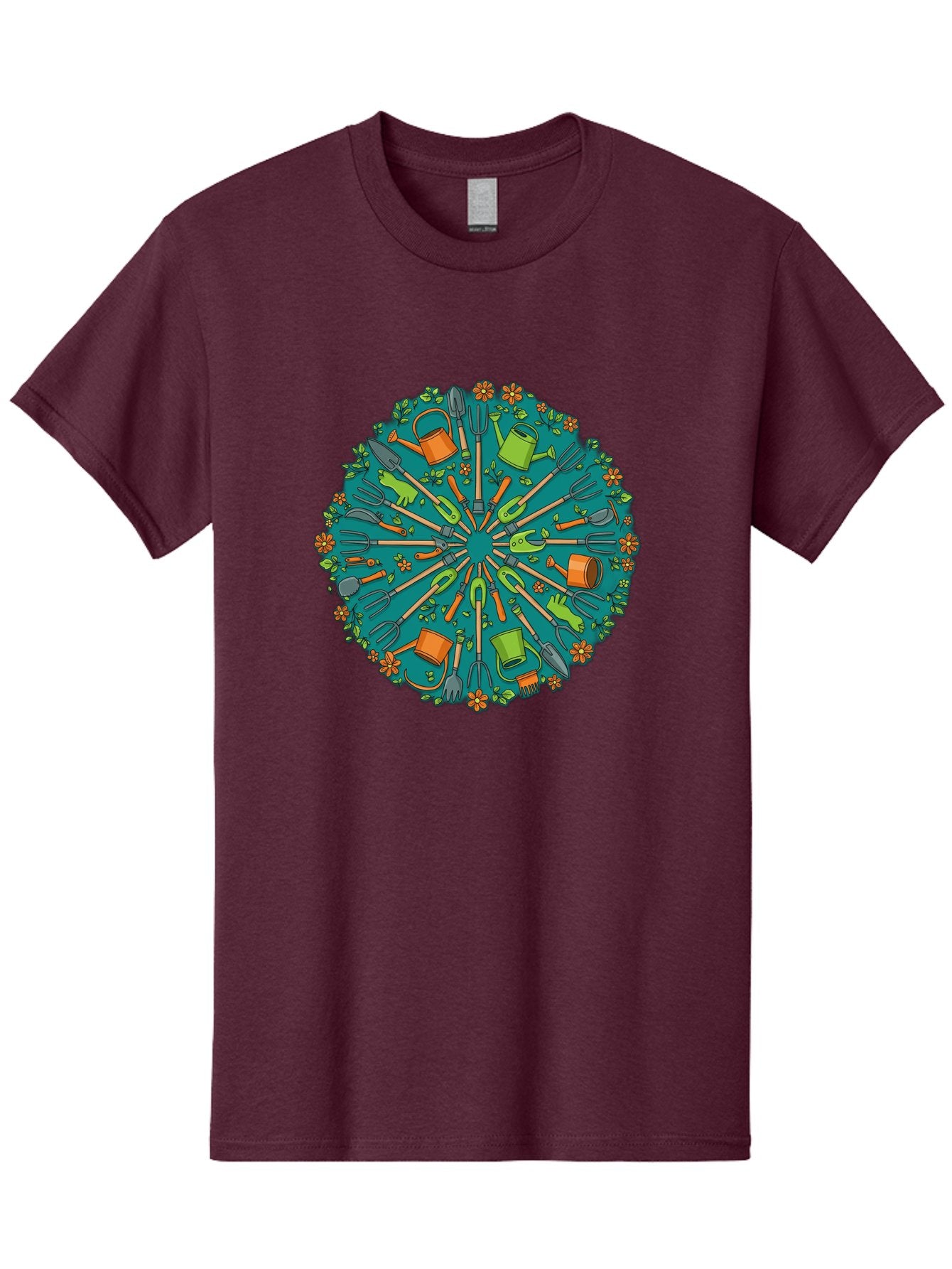 Gardening-Tools-Mandala Men'S Graphic Tee, 100% Cotton, Comfortable Casual Summer Wear, Machine Washable, Gardening Tools, Gardening Equipment, Watering Cans, Rakes, Shovels, Trowels, Gloves, Flower Arrangements, Garden Decor, Bad119