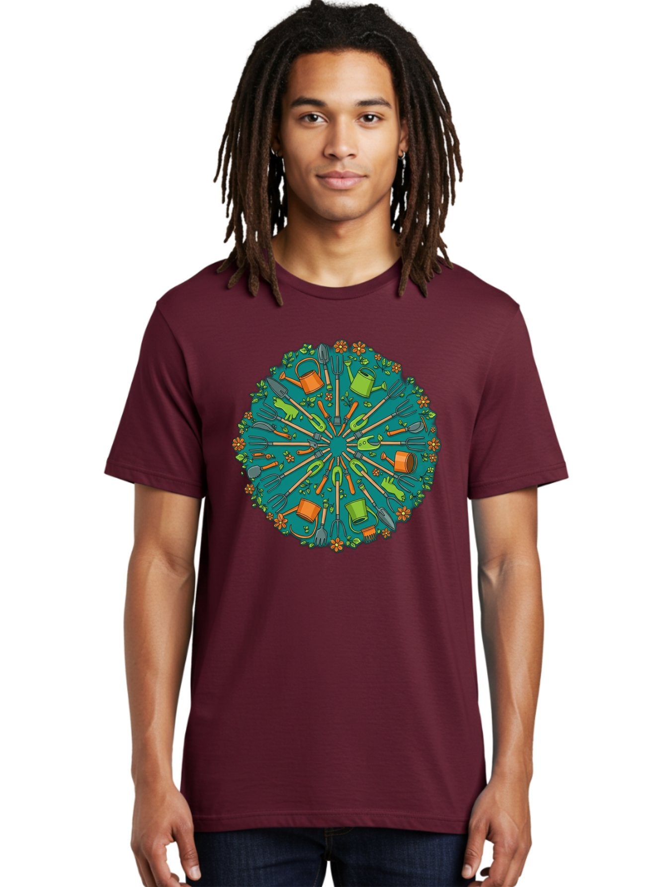 Gardening-Tools-Mandala Men'S Graphic Tee, 100% Cotton, Comfortable Casual Summer Wear, Machine Washable, Gardening Tools, Gardening Equipment, Watering Cans, Rakes, Shovels, Trowels, Gloves, Flower Arrangements, Garden Decor, Bad119 19