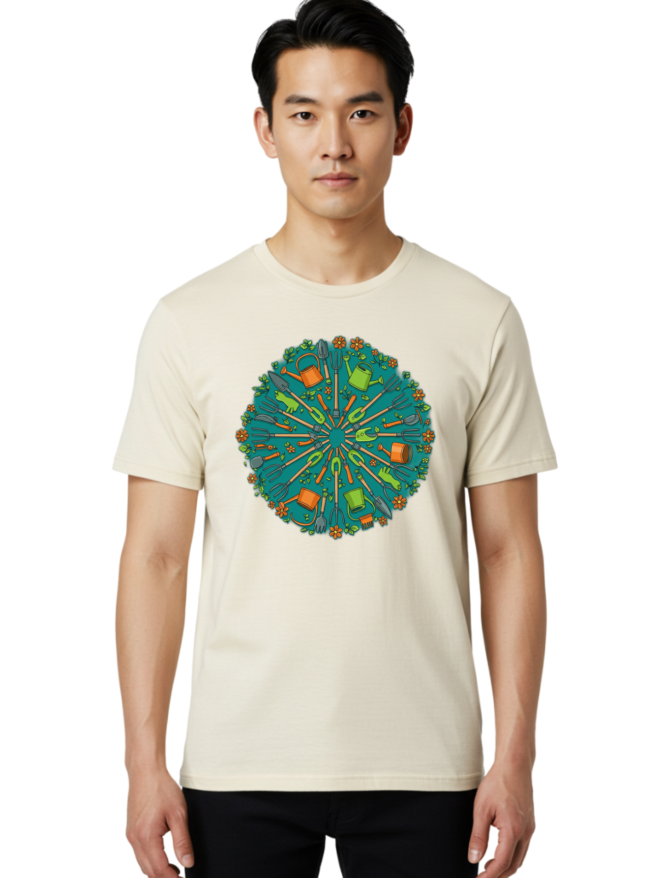 Gardening-Tools-Mandala Men'S Graphic Tee, 100% Cotton, Comfortable Casual Summer Wear, Machine Washable, Gardening Tools, Gardening Equipment, Watering Cans, Rakes, Shovels, Trowels, Gloves, Flower Arrangements, Garden Decor, Bad119 28