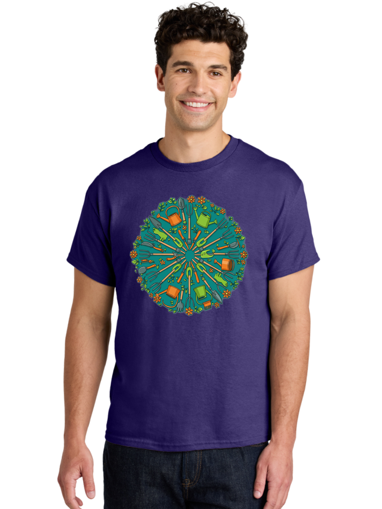 Gardening-Tools-Mandala Men'S Graphic Tee, 100% Cotton, Comfortable Casual Summer Wear, Machine Washable, Gardening Tools, Gardening Equipment, Watering Cans, Rakes, Shovels, Trowels, Gloves, Flower Arrangements, Garden Decor, Bad119 23