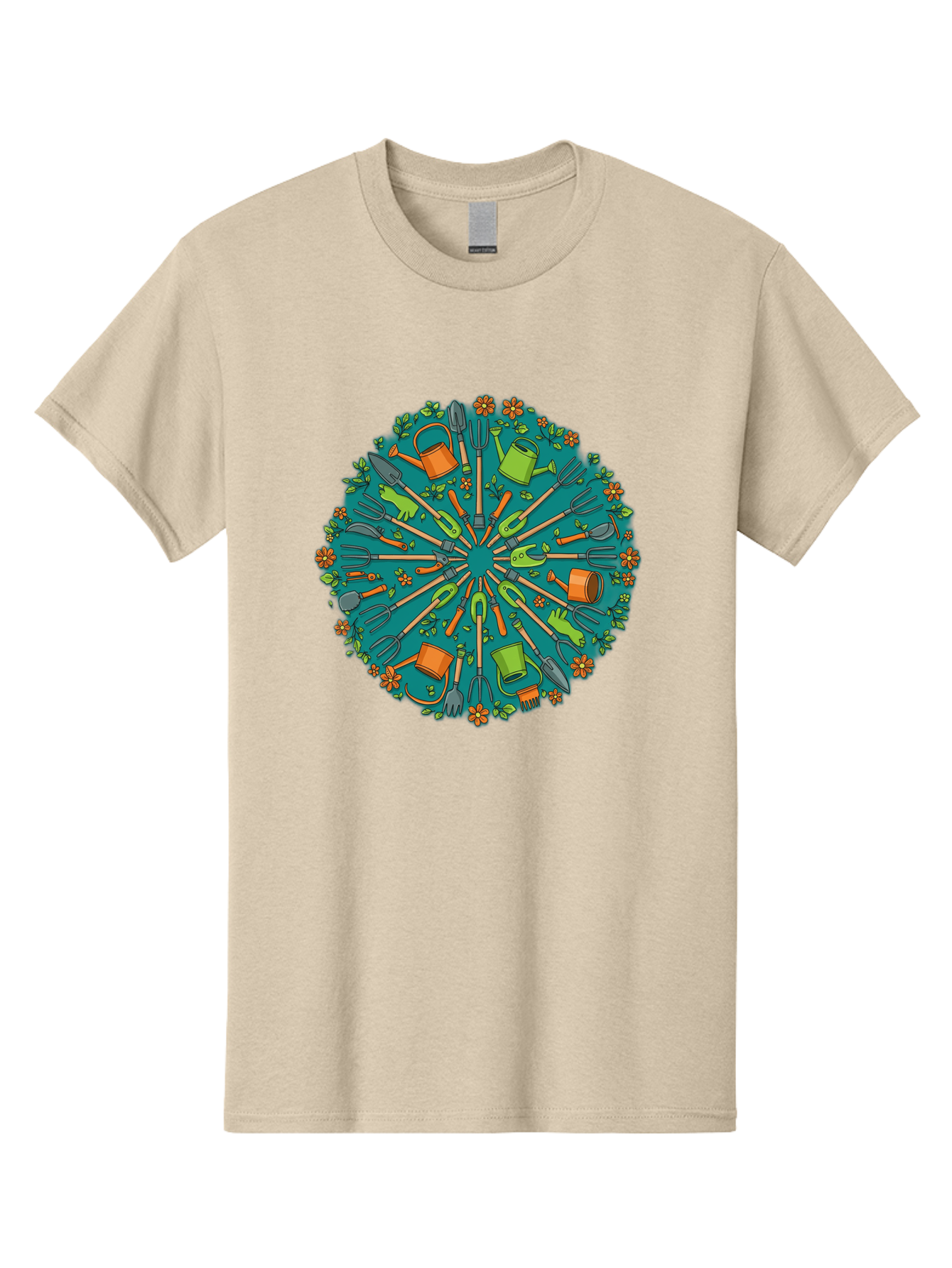 Gardening-Tools-Mandala Men'S Graphic Tee, 100% Cotton, Comfortable Casual Summer Wear, Machine Washable, Gardening Tools, Gardening Equipment, Watering Cans, Rakes, Shovels, Trowels, Gloves, Flower Arrangements, Garden Decor, Bad119 3