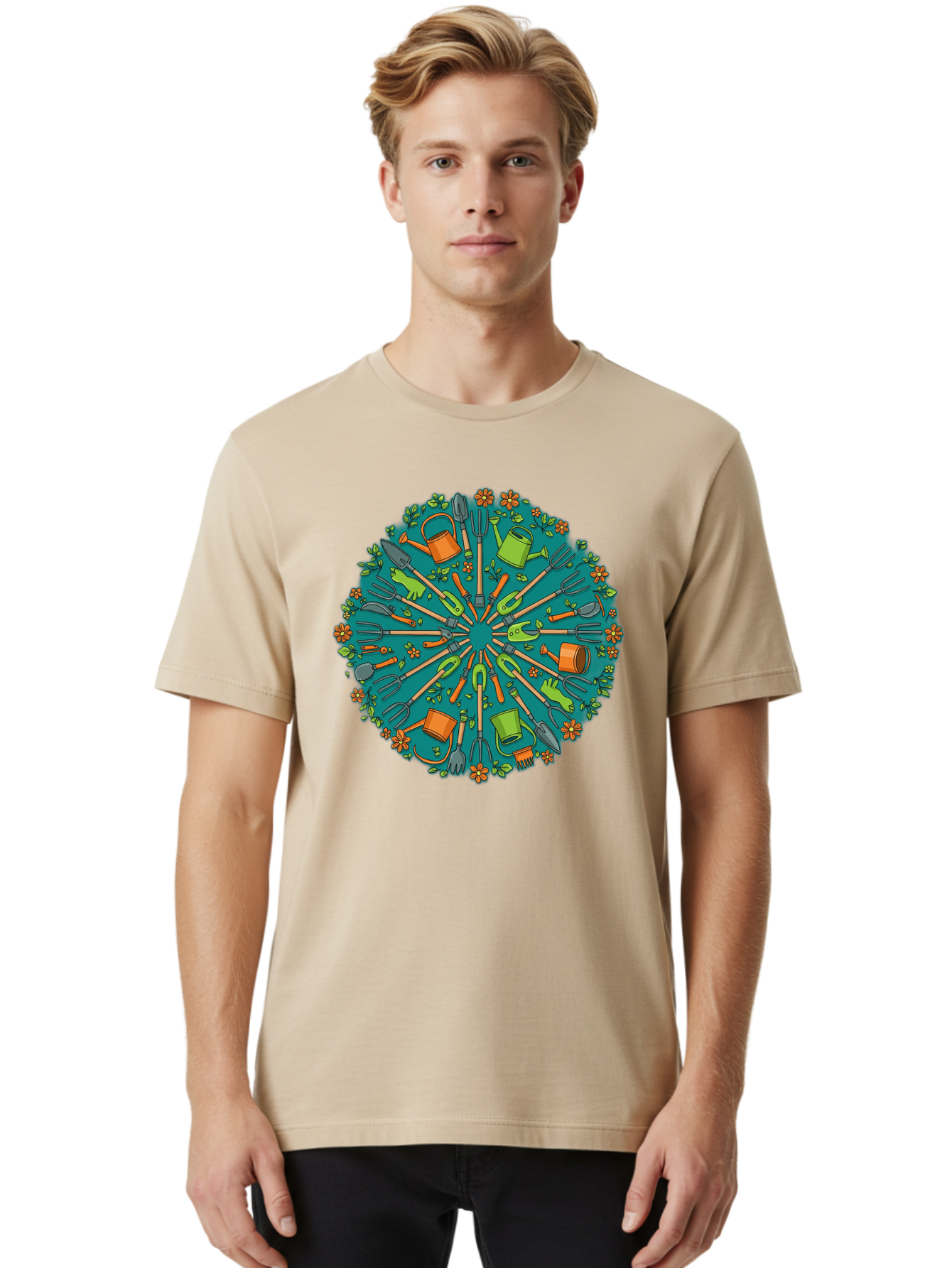 Gardening-Tools-Mandala Men'S Graphic Tee, 100% Cotton, Comfortable Casual Summer Wear, Machine Washable, Gardening Tools, Gardening Equipment, Watering Cans, Rakes, Shovels, Trowels, Gloves, Flower Arrangements, Garden Decor, Bad119 18