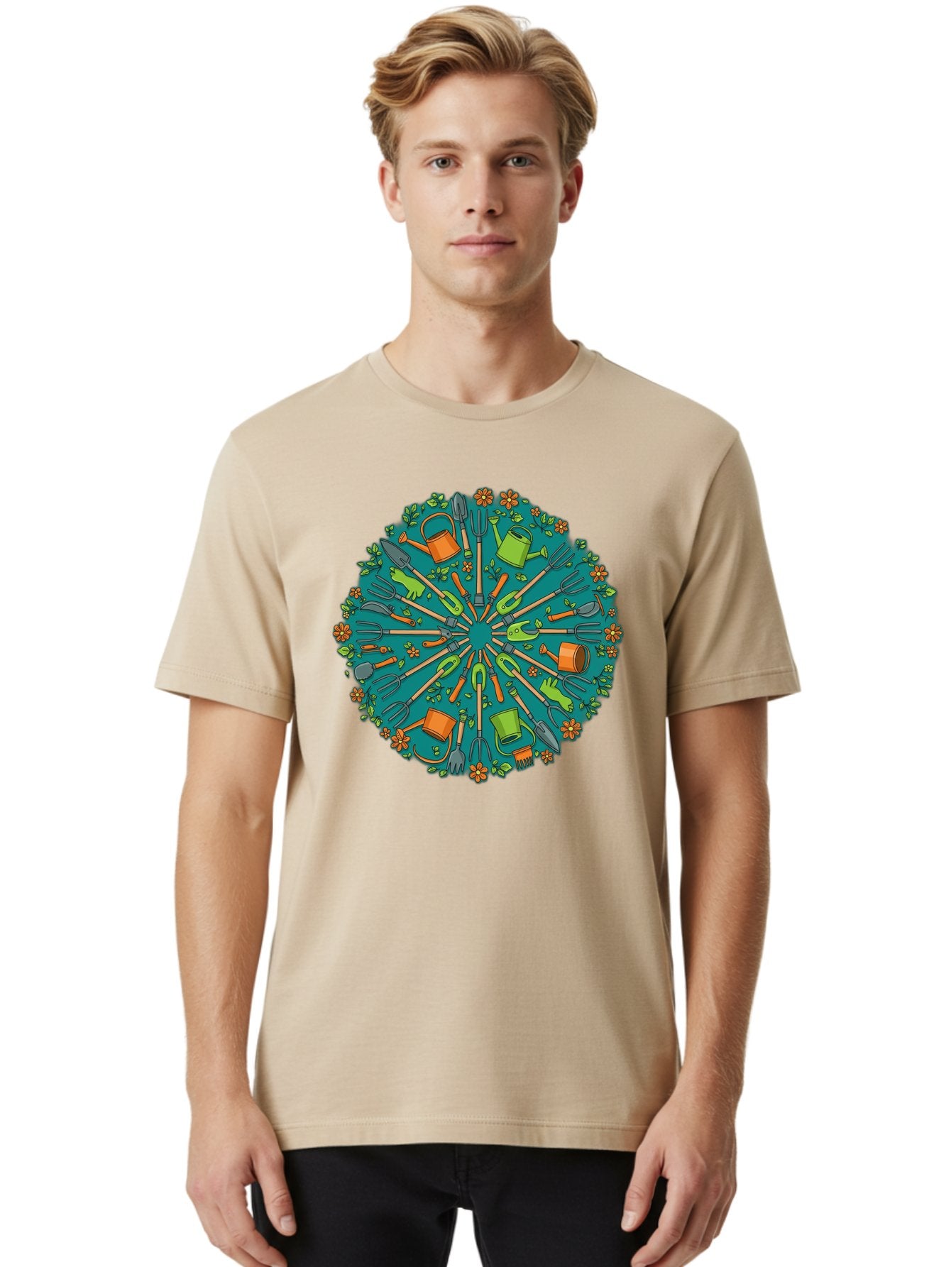 Gardening-Tools-Mandala Men'S Graphic Tee, 100% Cotton, Comfortable Casual Summer Wear, Machine Washable, Gardening Tools, Gardening Equipment, Watering Cans, Rakes, Shovels, Trowels, Gloves, Flower Arrangements, Garden Decor, Bad119 28