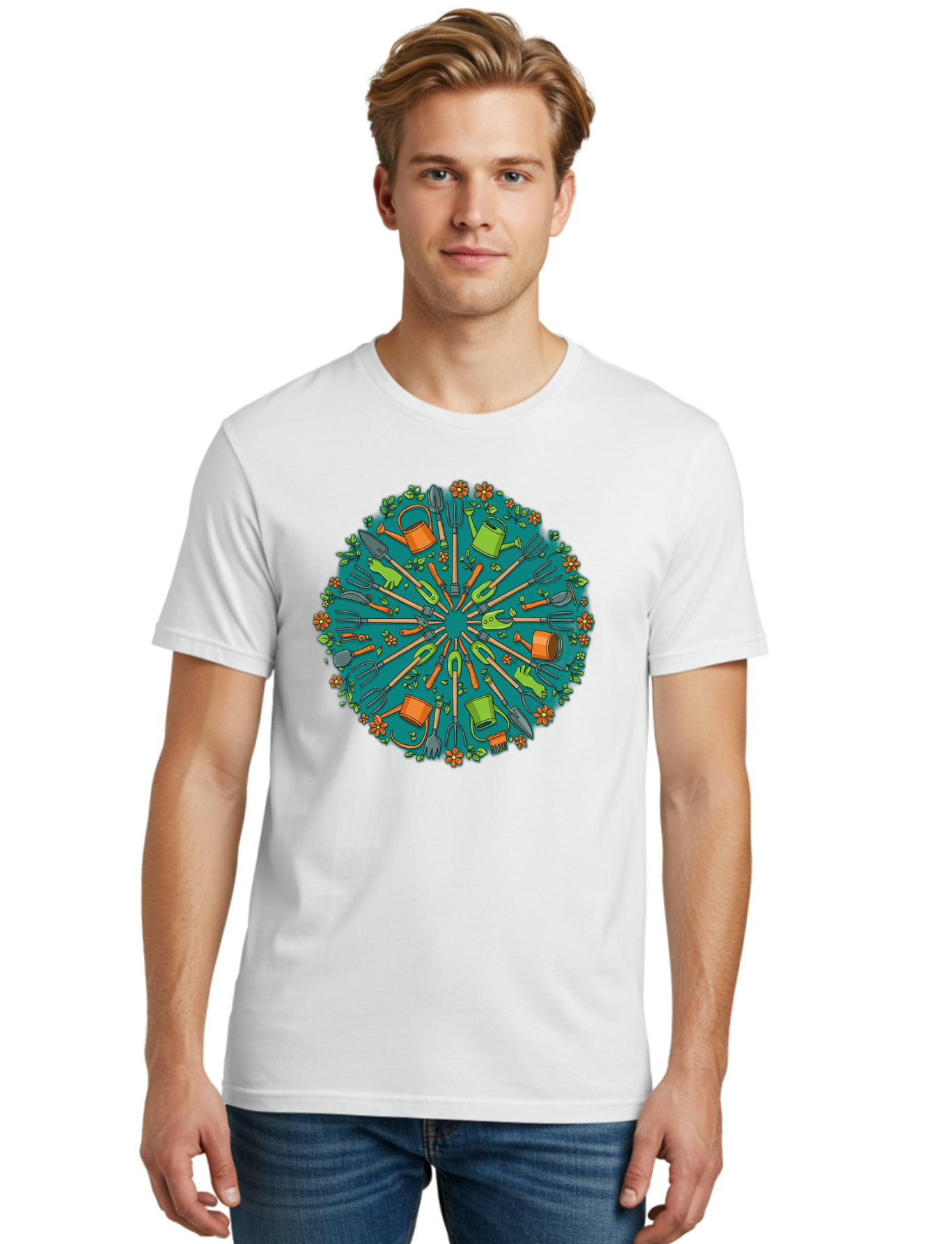 Gardening-Tools-Mandala Men'S Graphic Tee, 100% Cotton, Comfortable Casual Summer Wear, Machine Washable, Gardening Tools, Gardening Equipment, Watering Cans, Rakes, Shovels, Trowels, Gloves, Flower Arrangements, Garden Decor, Bad119 16