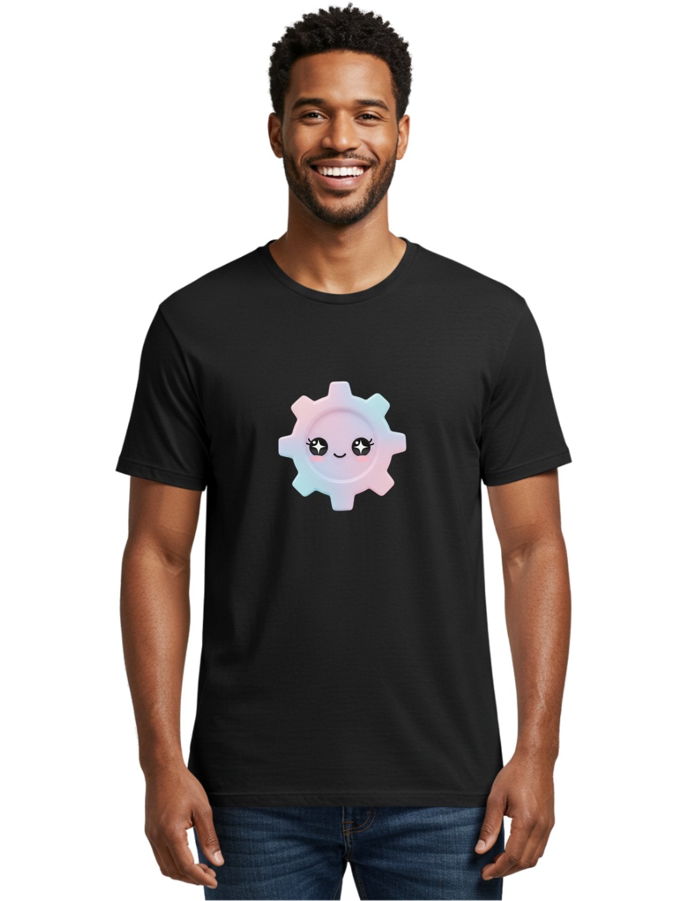 Gear-1 Men'S Graphic Tee, 100% Cotton, Comfortable Casual Summer Wear, Machine Washable, Gear With Cute Face, Pastel Colors, Kawaii Aesthetic, Whimsical Design, Cartoon Gear, Sparkle Eyes, Rosy Cheeks, Cute Machinery, Fun Design Elements, Bad120 25