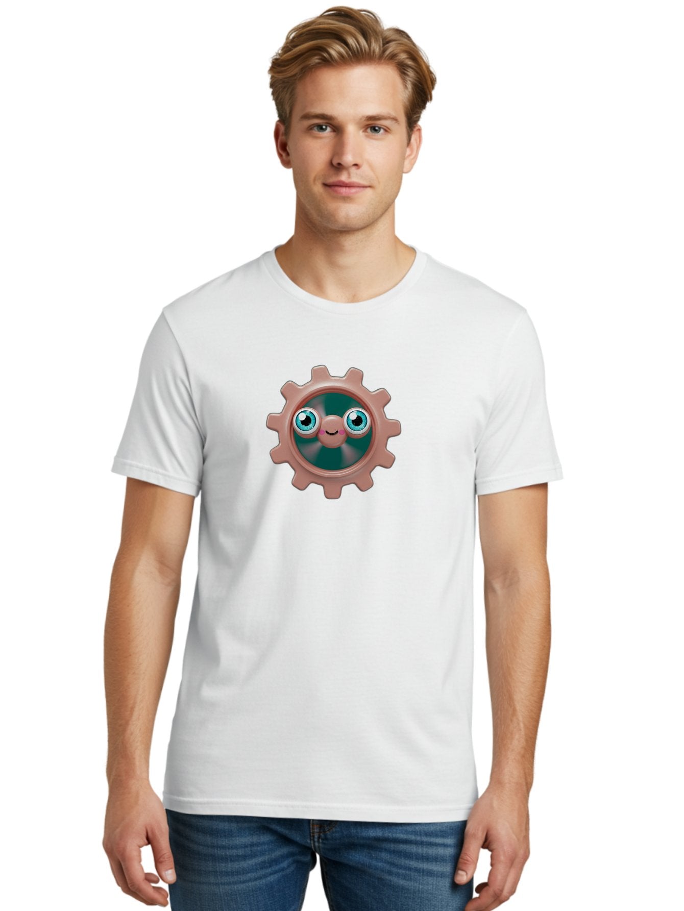 Gear-2 Men'S Graphic Tee, 100% Cotton, Comfortable Casual Summer Wear, Machine Washable, Cartoon Gear, Pink Cog, Blue Eyes, Smiling Face, Machinery Character, Cute Robot, Animated Machinery, Robotic Parts, Mechanical Icon Bad121 29